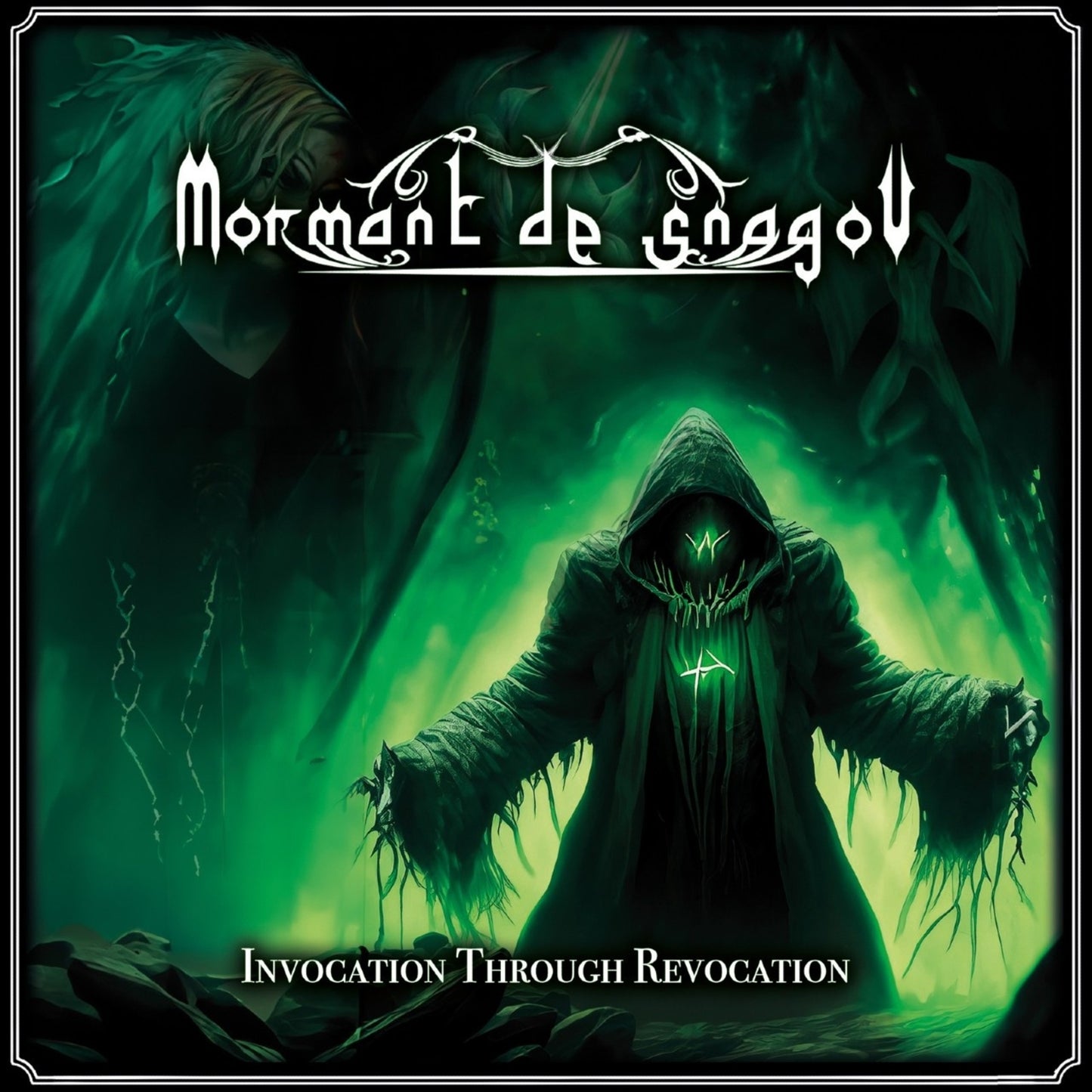 CD cover: hooded figure in green, misty landscape, ornate band logo.