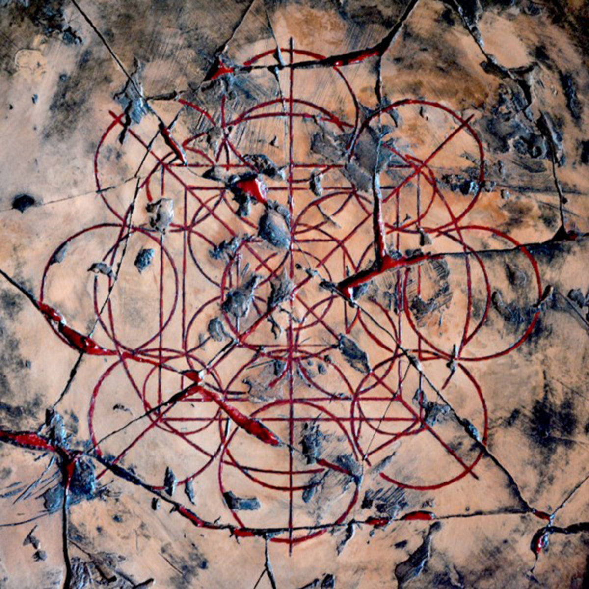 Textured abstract art with red lines and dark raised shapes.