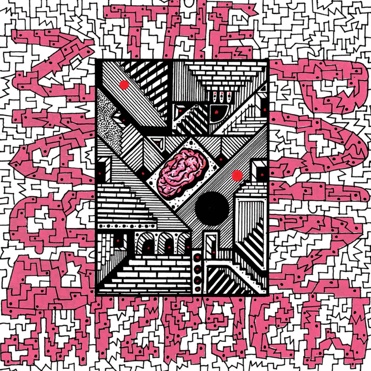 Black and white abstract art with a red brain and pink geometric shapes.