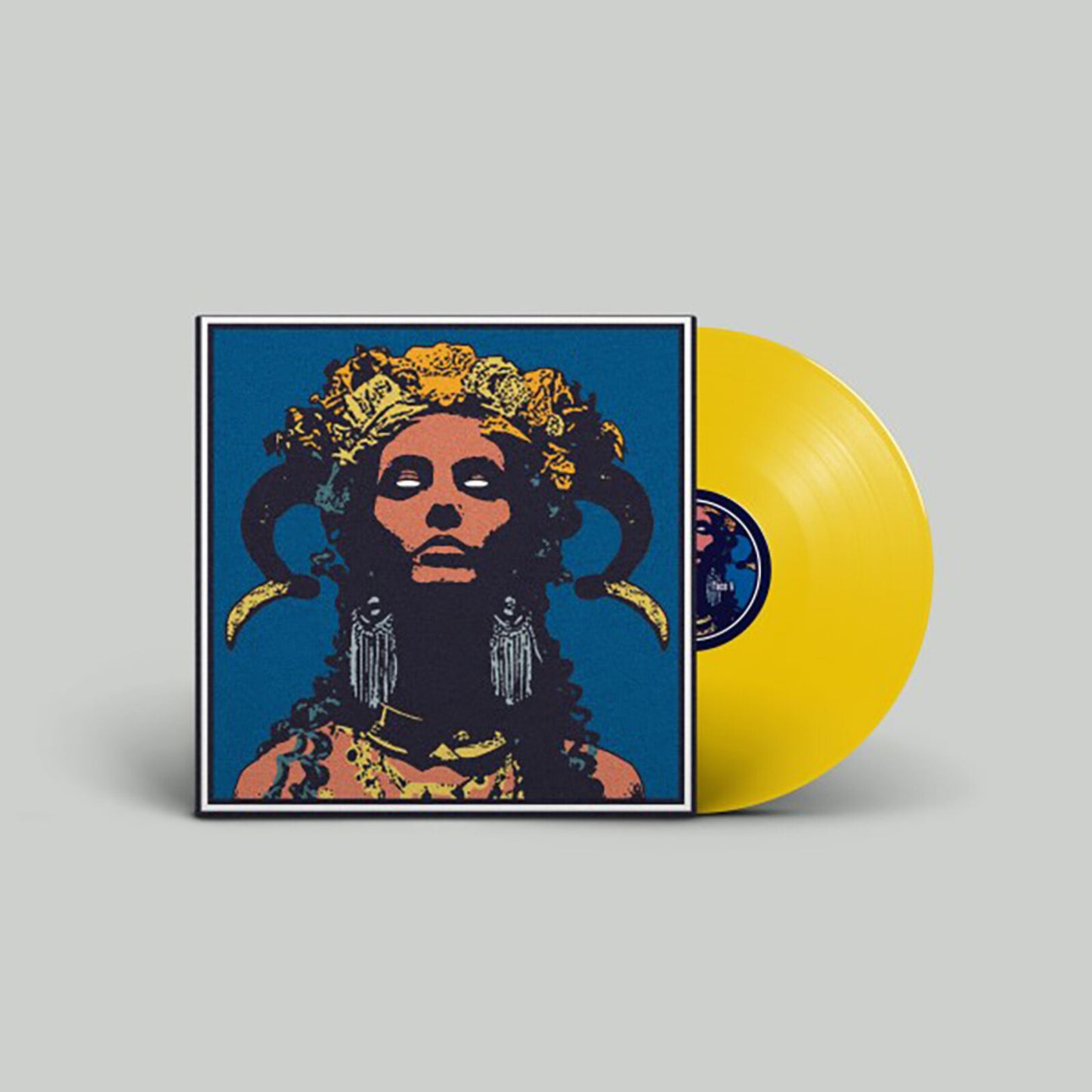 Yellow vinyl record with cover art of a crowned figure in blue.