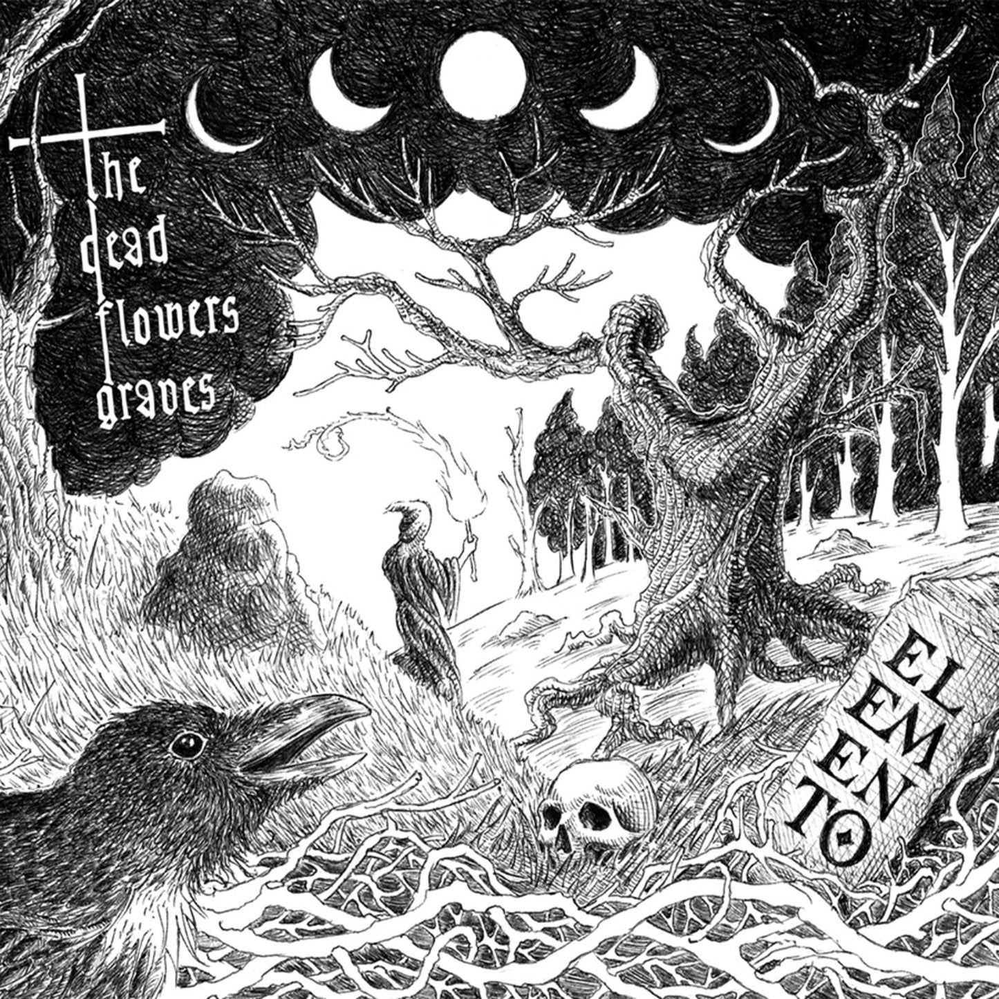 Black and white illustration of a graveyard scene with birds and trees.