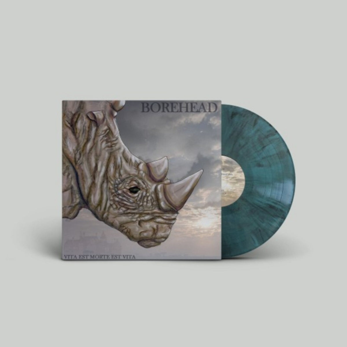 Borehead vinyl record featuring a rhinoceros portrait and teal-colored disc.
