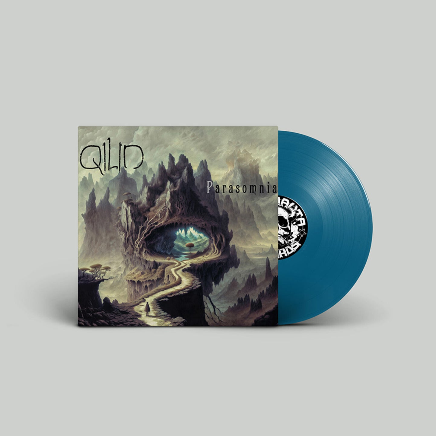 Vinyl record with landscape artwork and blue colored disc visible.