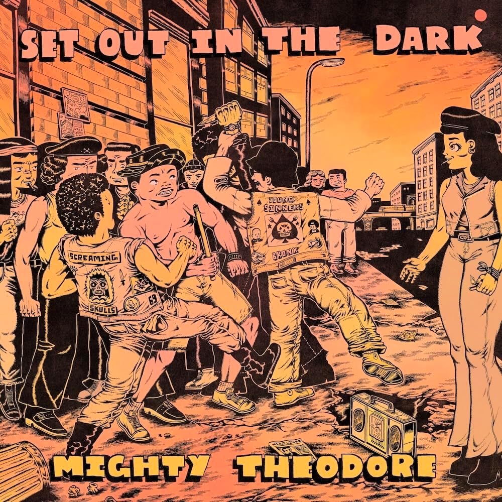 Album cover for Mighty Theodore’s “Set Out In The Dark” with illustrated street scene.
