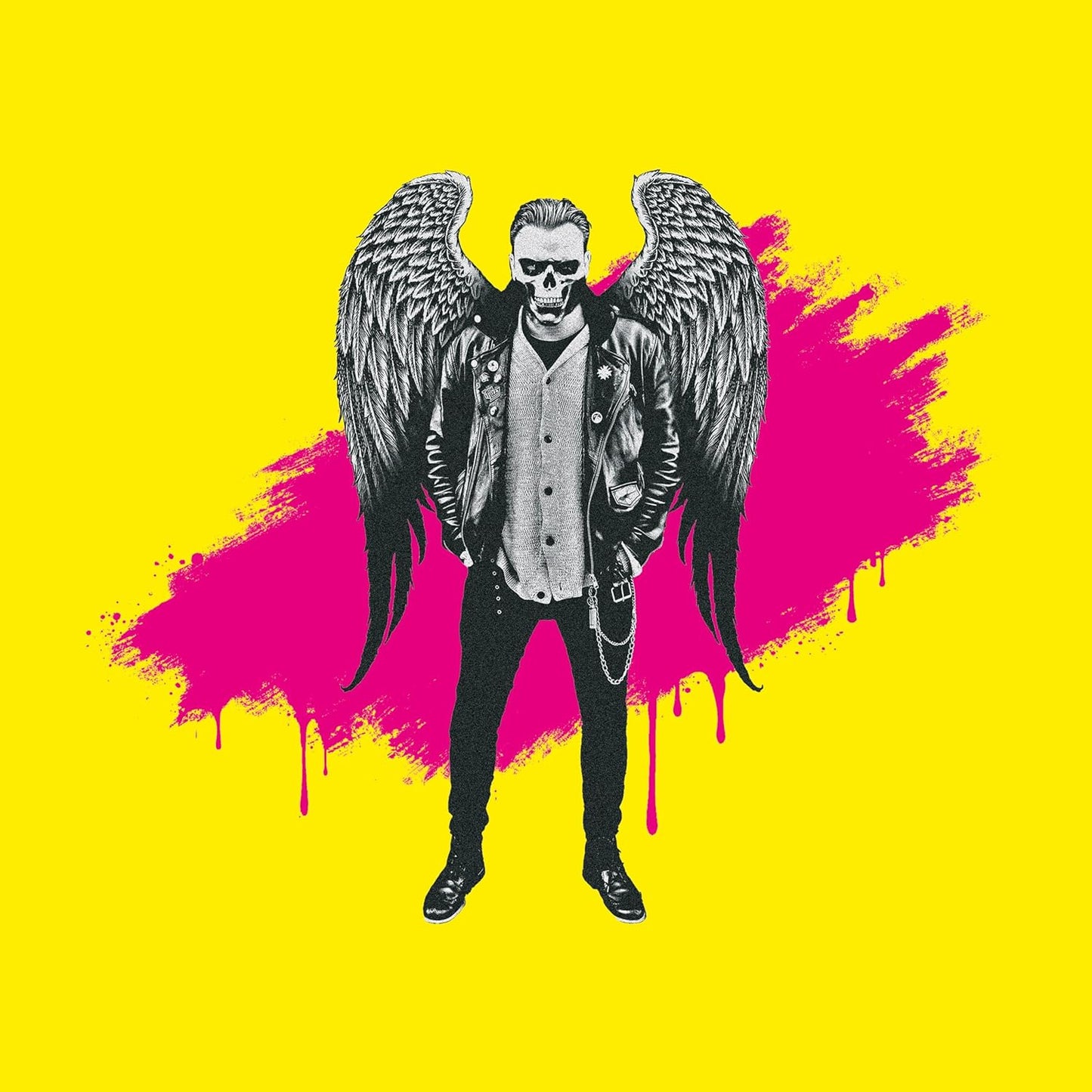 Skeleton with wings wearing a leather jacket against a yellow background.