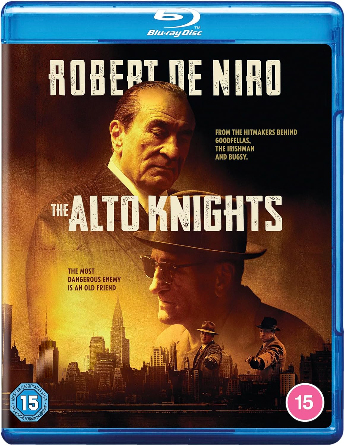 Blu-ray cover for "Alto Knights" featuring Robert De Niro and city skyline.