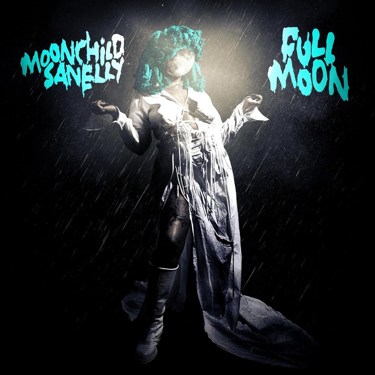 Moonchild Sanelly album cover, "Full Moon," with glowing turquoise text and figure.