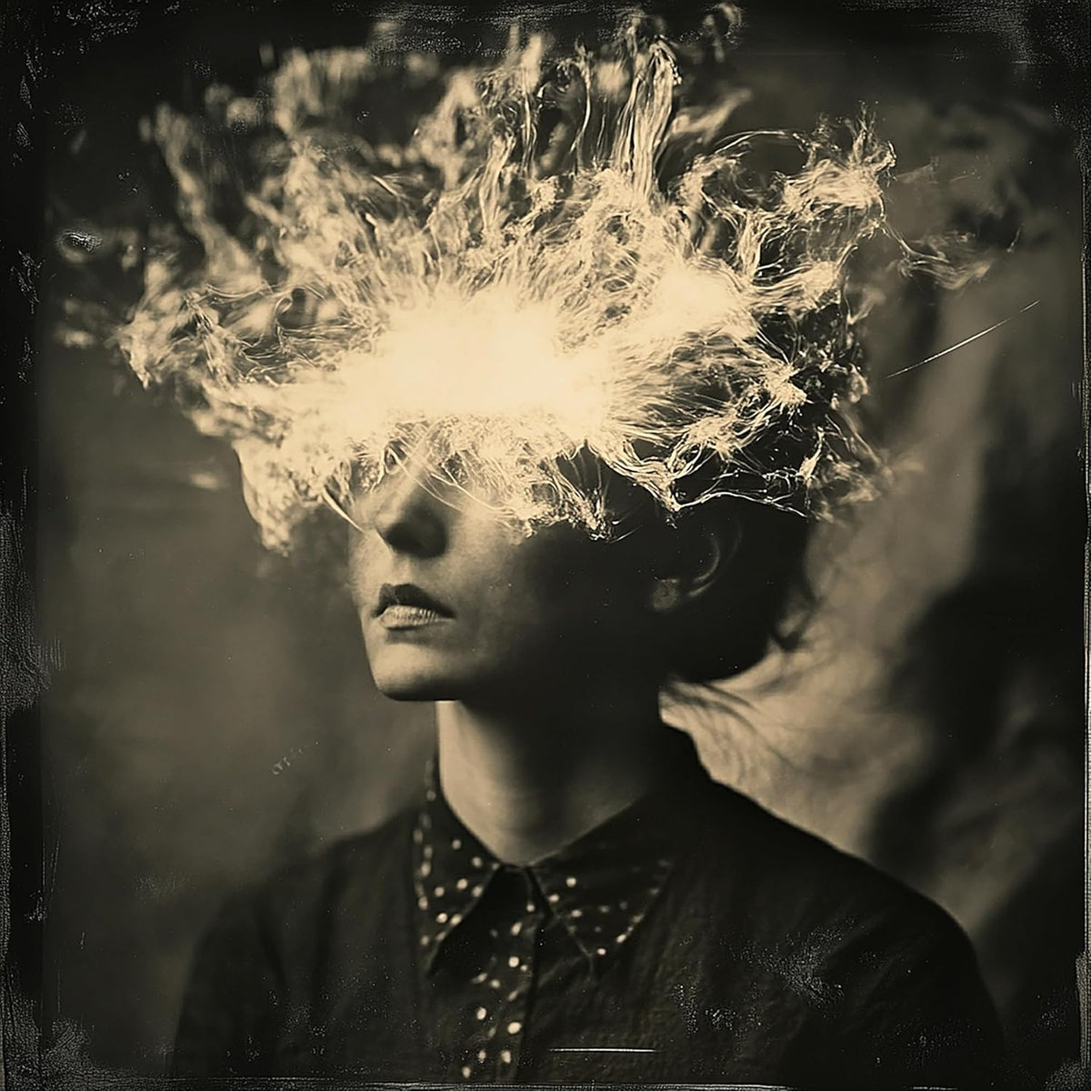 Black and white portrait of a person with radiating light around their head.
