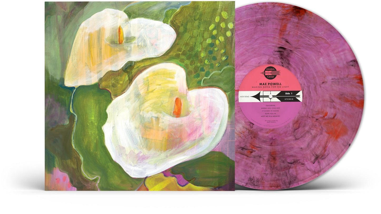 Pink vinyl record with abstract floral design and central label.