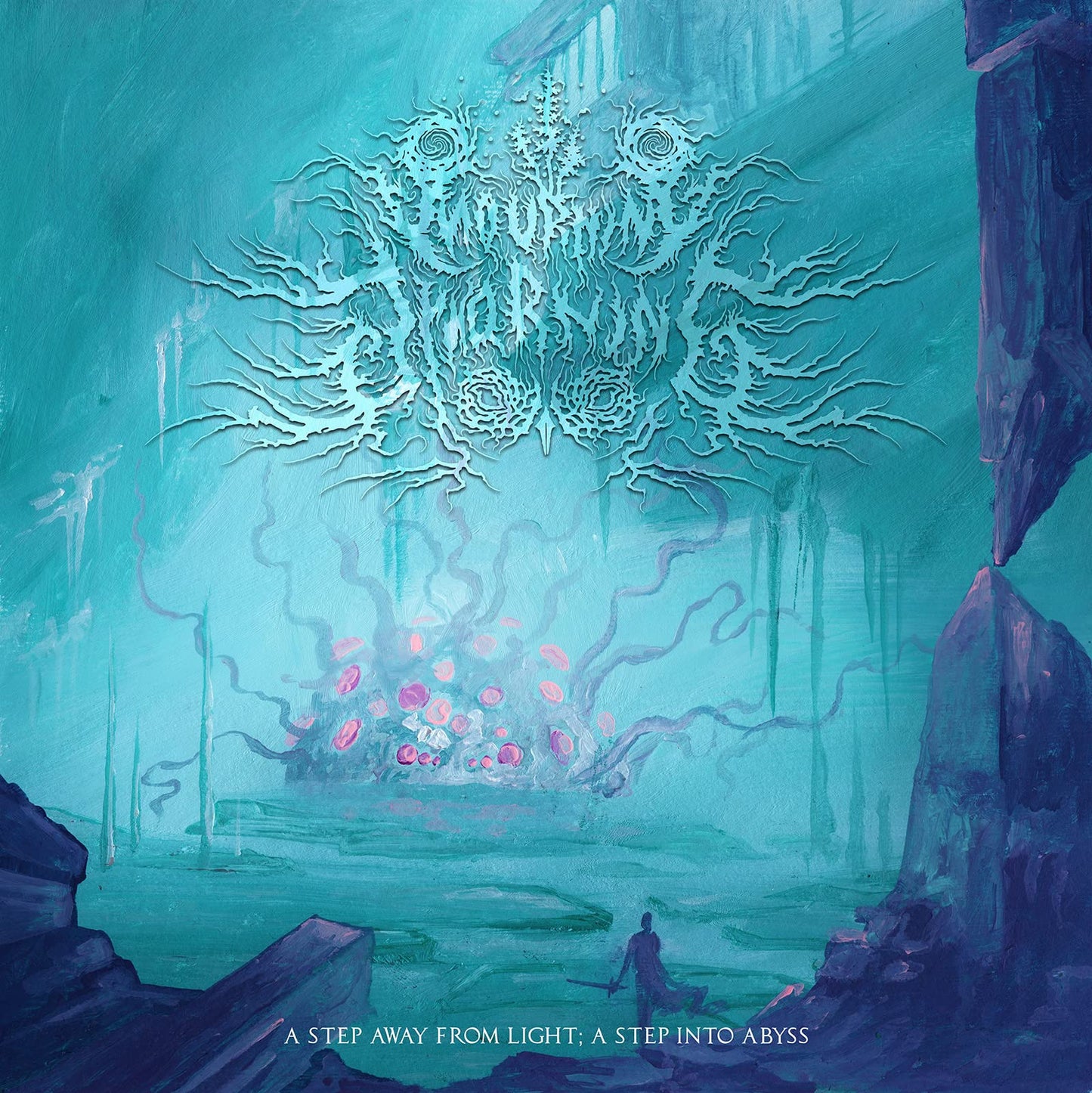 Painted album cover featuring a swirling, ornate design above a lone figure.