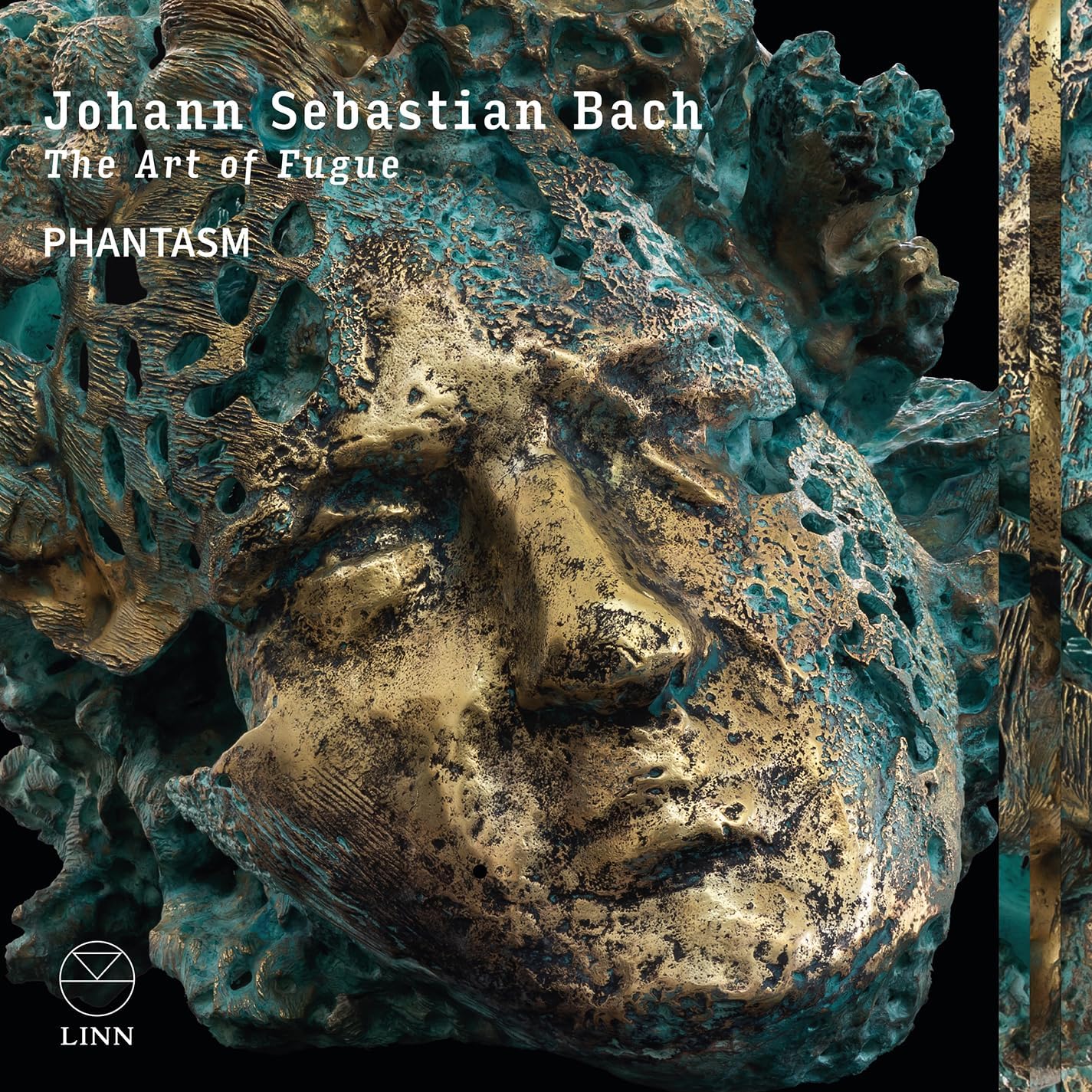 CD cover for Bach’s “The Art of Fugue” featuring a textured, metallic face.