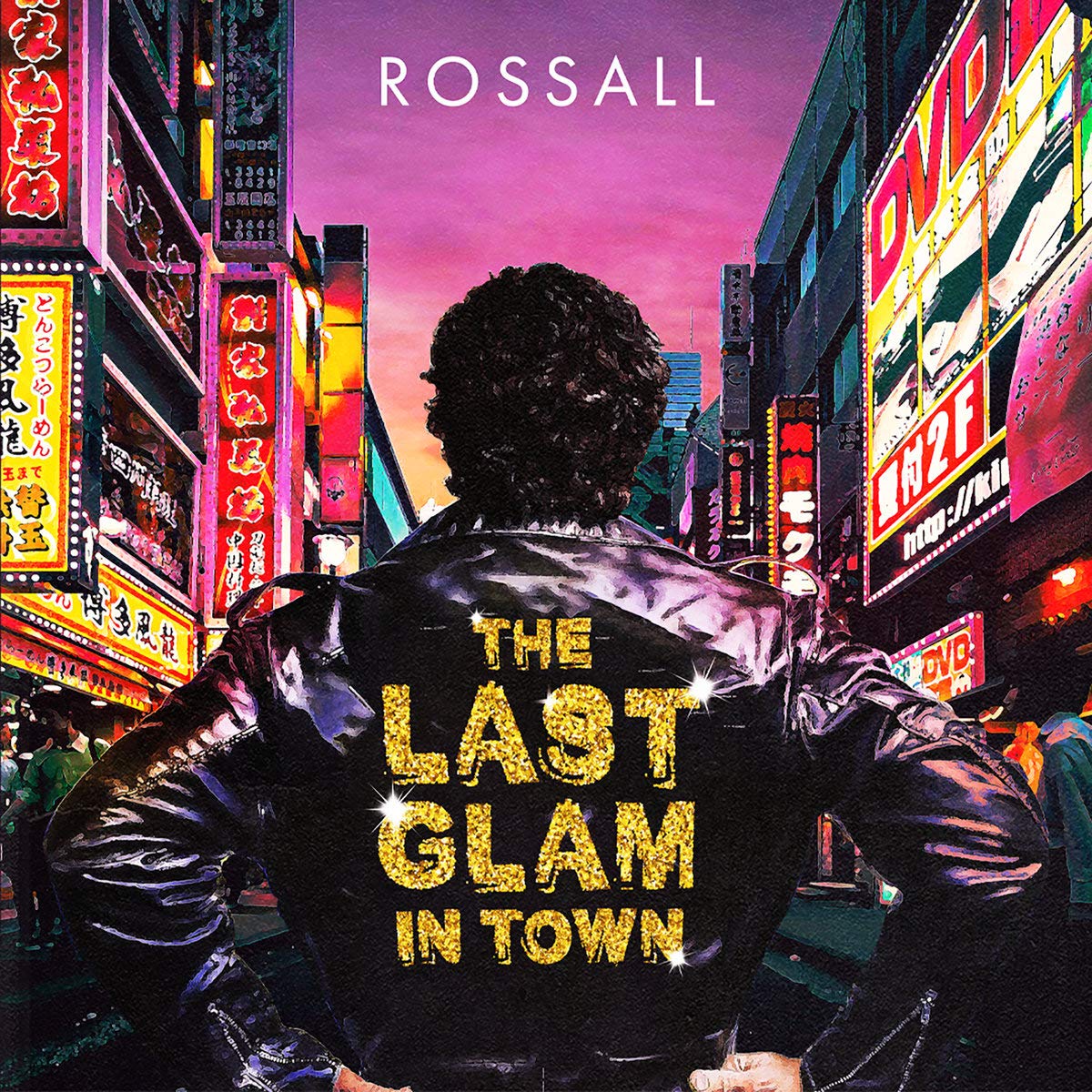 CD cover: man’s back in a leather jacket, neon city lights.