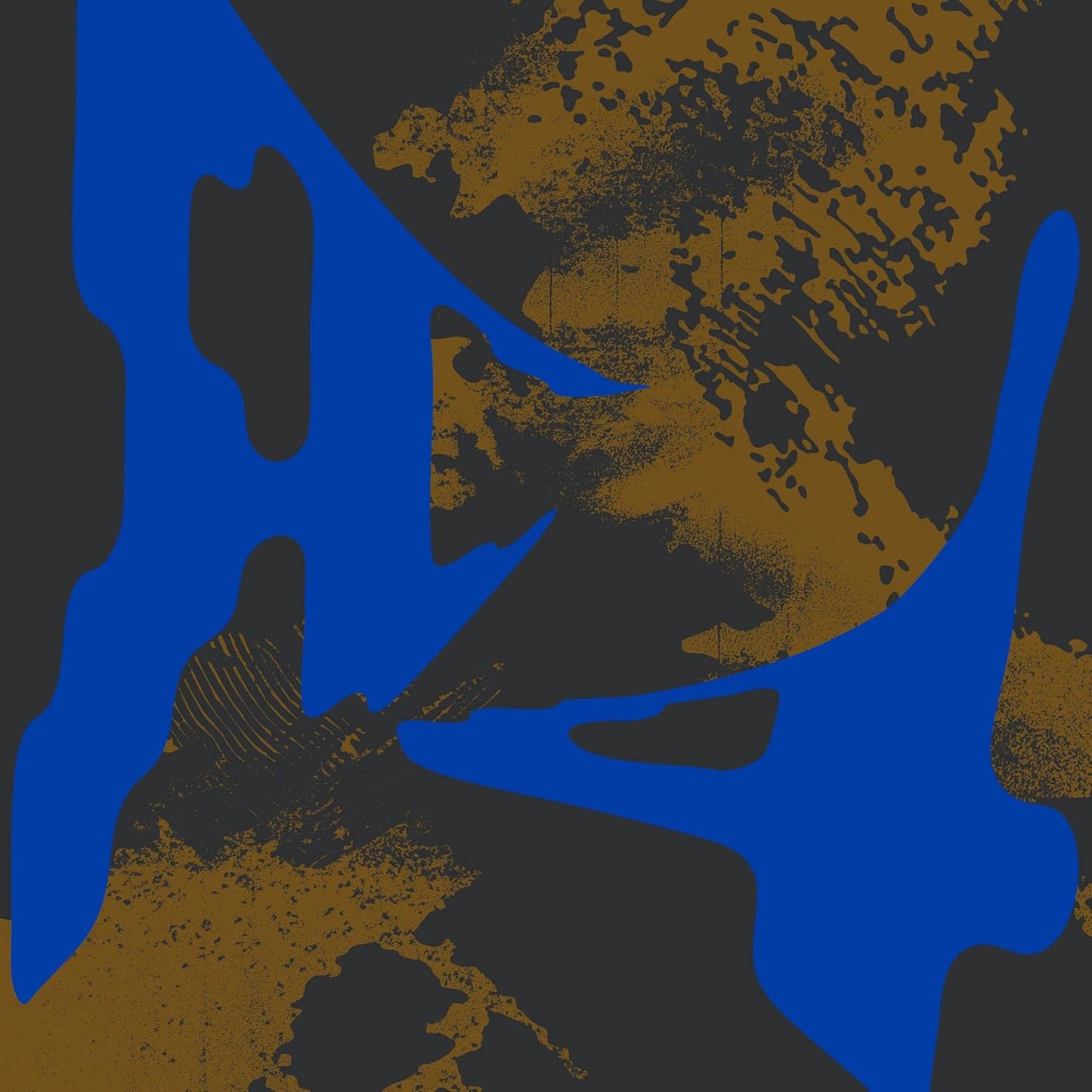 Abstract album cover with blue and brown textured shapes.