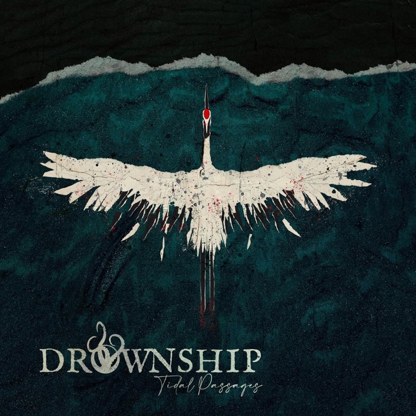 Drownship album cover: white bird with red eye over dark, textured waves.