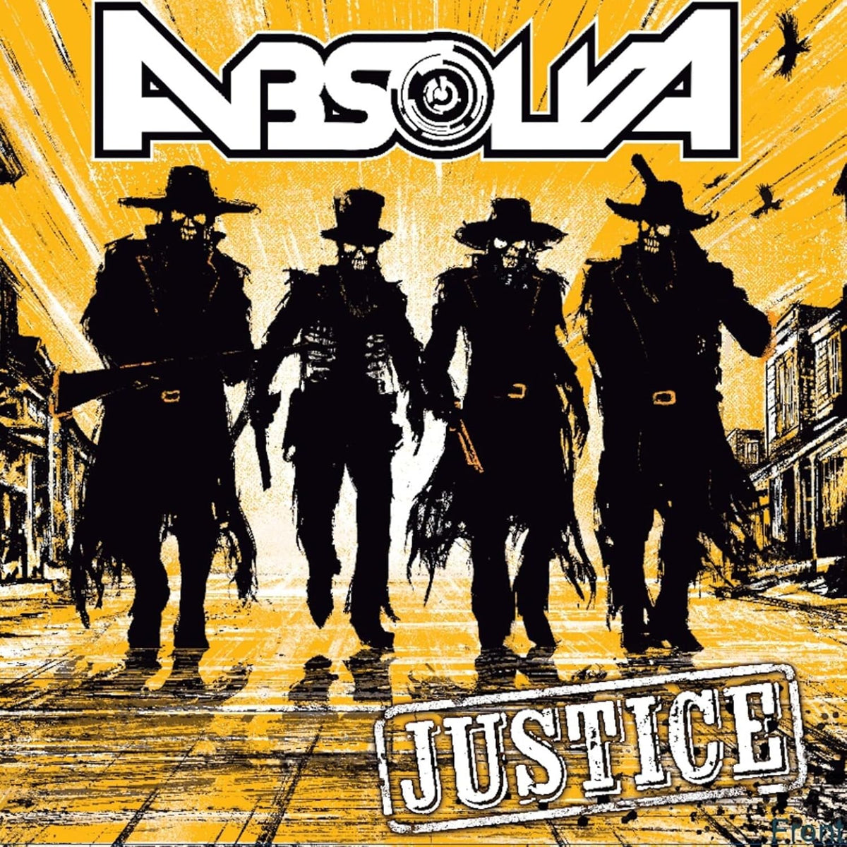 Vinyl record of Absolva’s “Justice” album, black cover with band imagery.