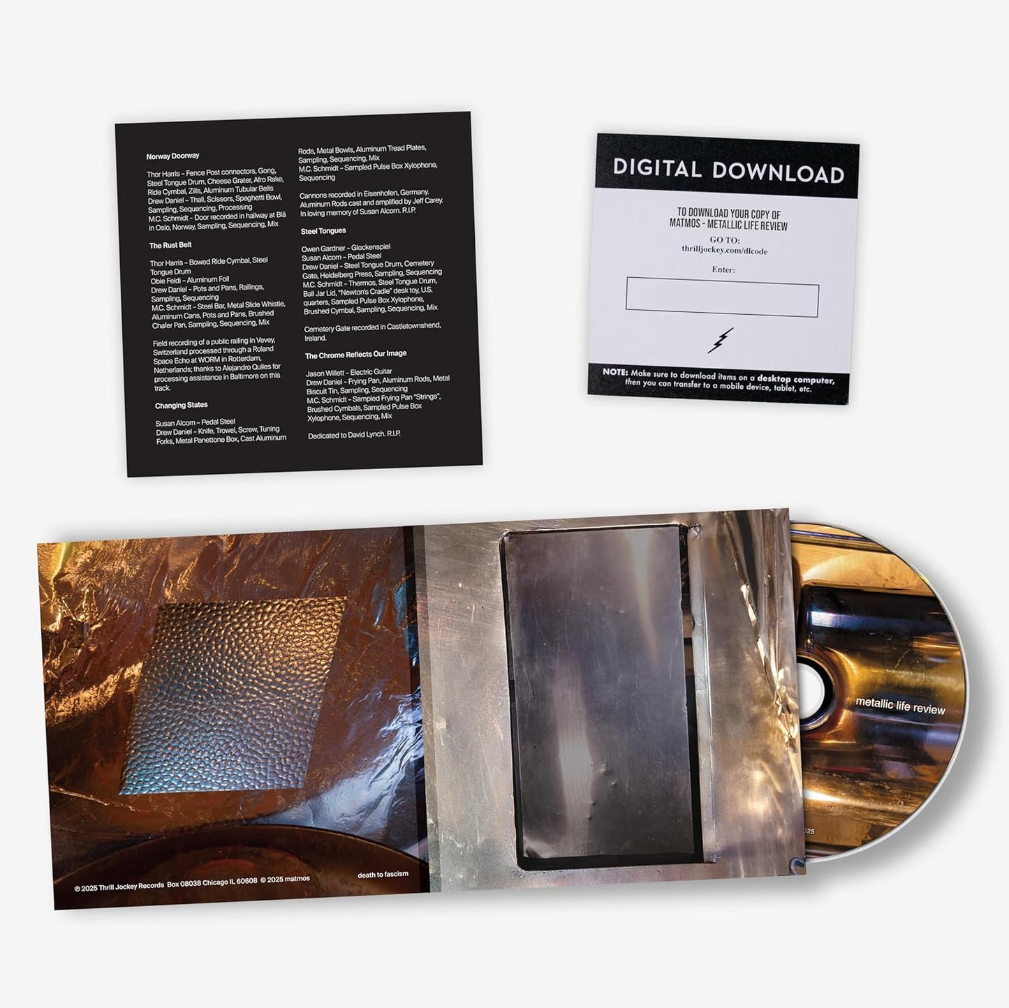 CD insert for "Metallic Life Review" with tracklist and abstract imagery.