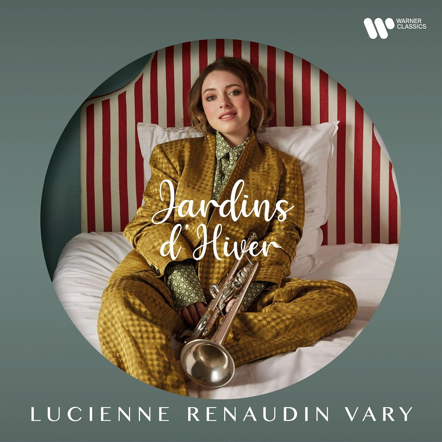 CD cover featuring Lucienne Renaud Vary with a trombone, seated in red and white stripes.