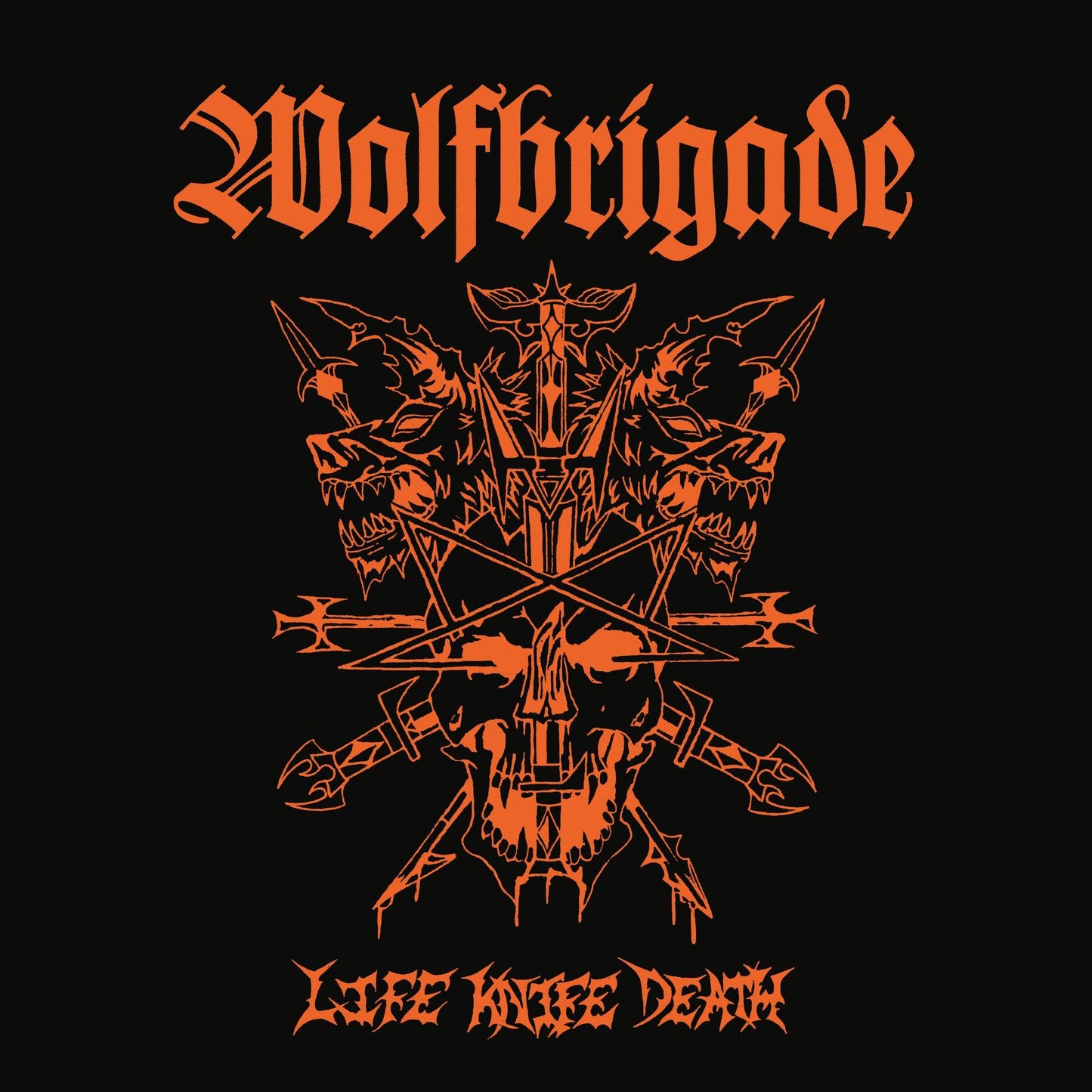 Orange Wolfbrigade CD cover with skulls, knives, and band logo on black.