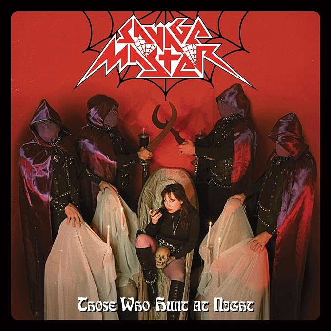Red album cover with hooded figures surrounding a seated person and skull.
