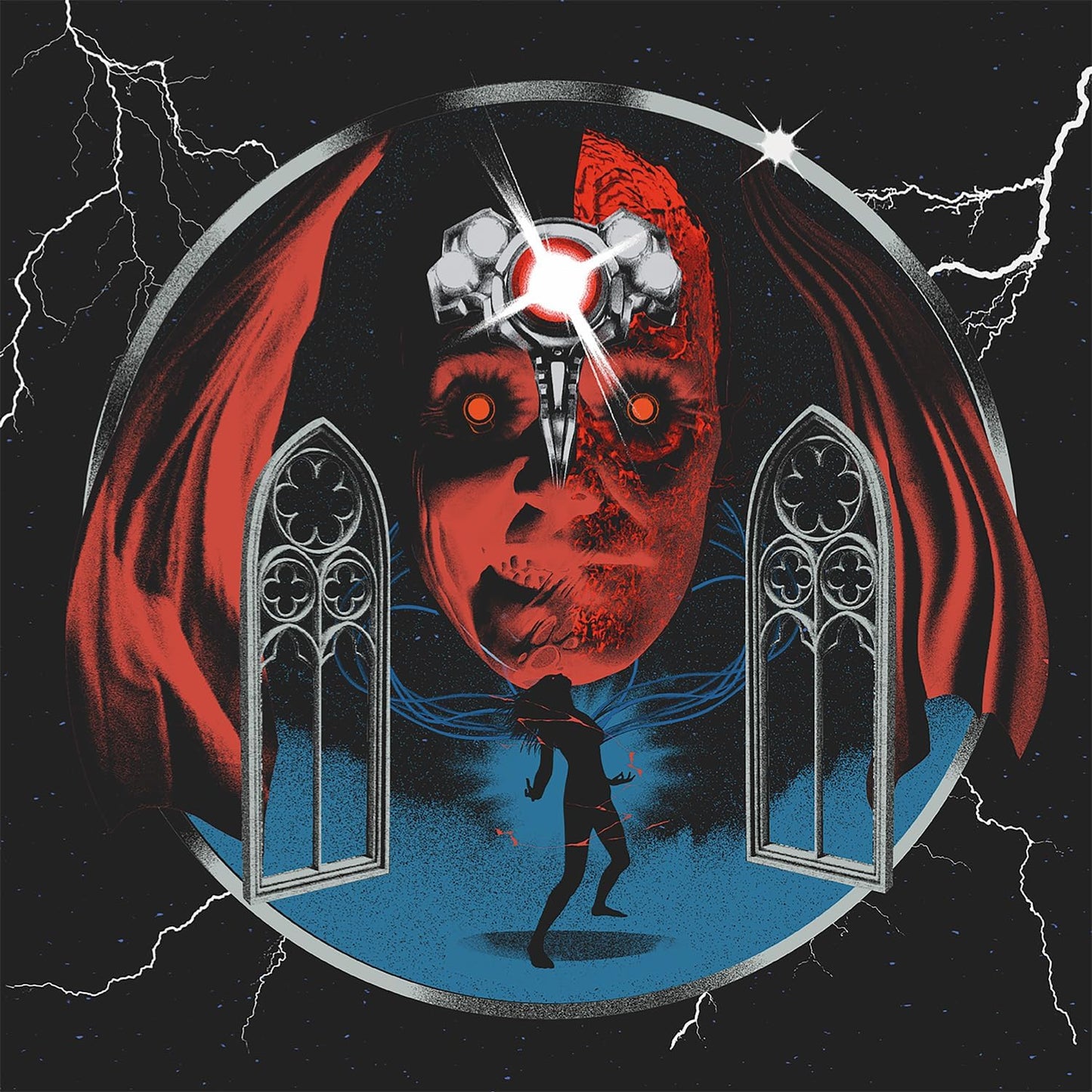 Stylized album art: a face with skull details, lightning, and a figure below.