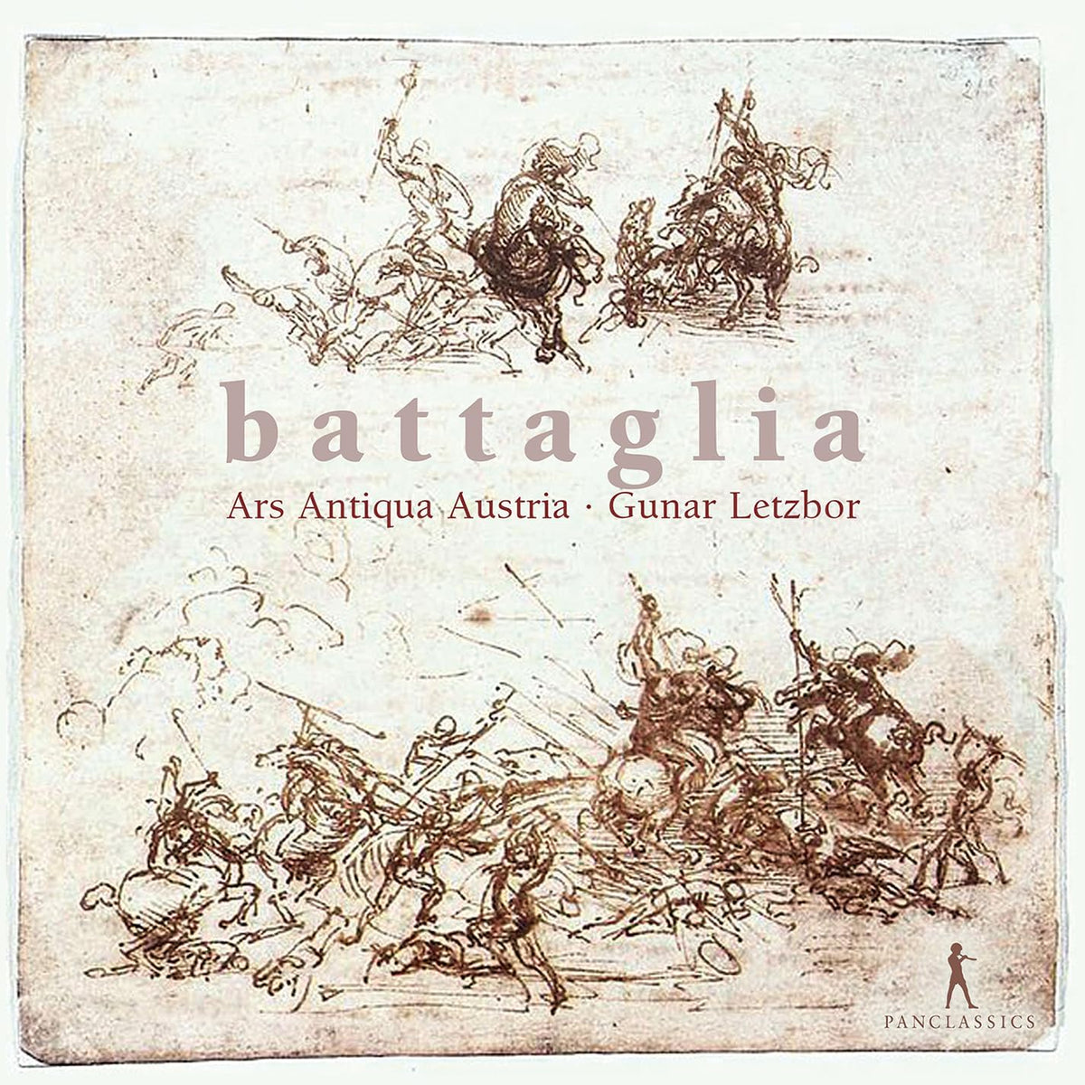 CD cover for "Battaglia" by Gunar Letzbor, featuring sketched battle scenes.