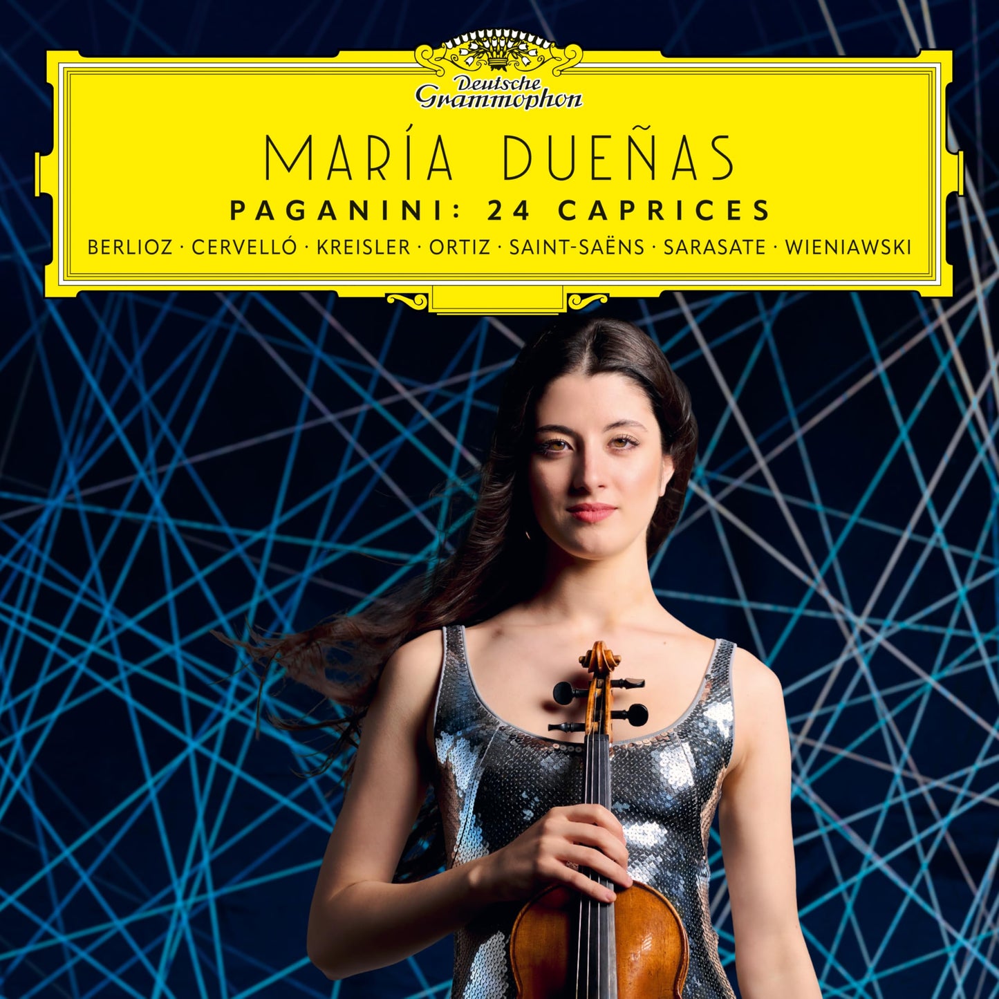 Vinyl album cover featuring violinist María Dueñas and abstract lines.