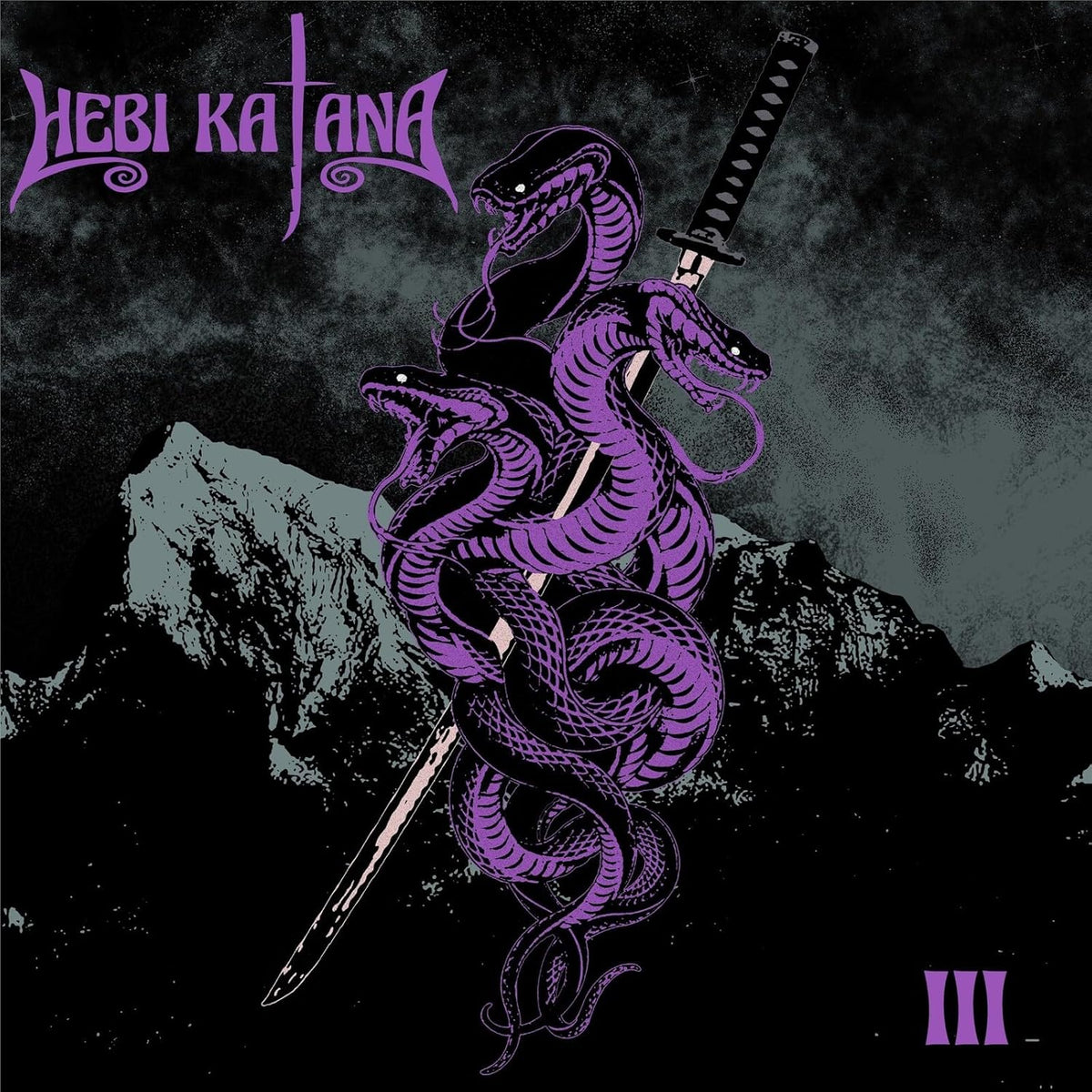 Album cover: purple snake and katana illustration on a dark background.