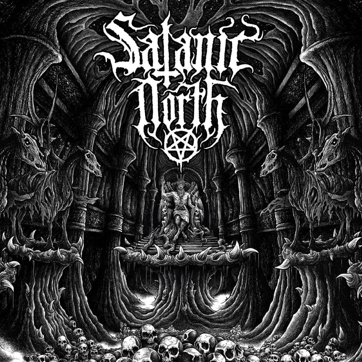 Black and white illustration of a throne room with skulls and demonic figures.