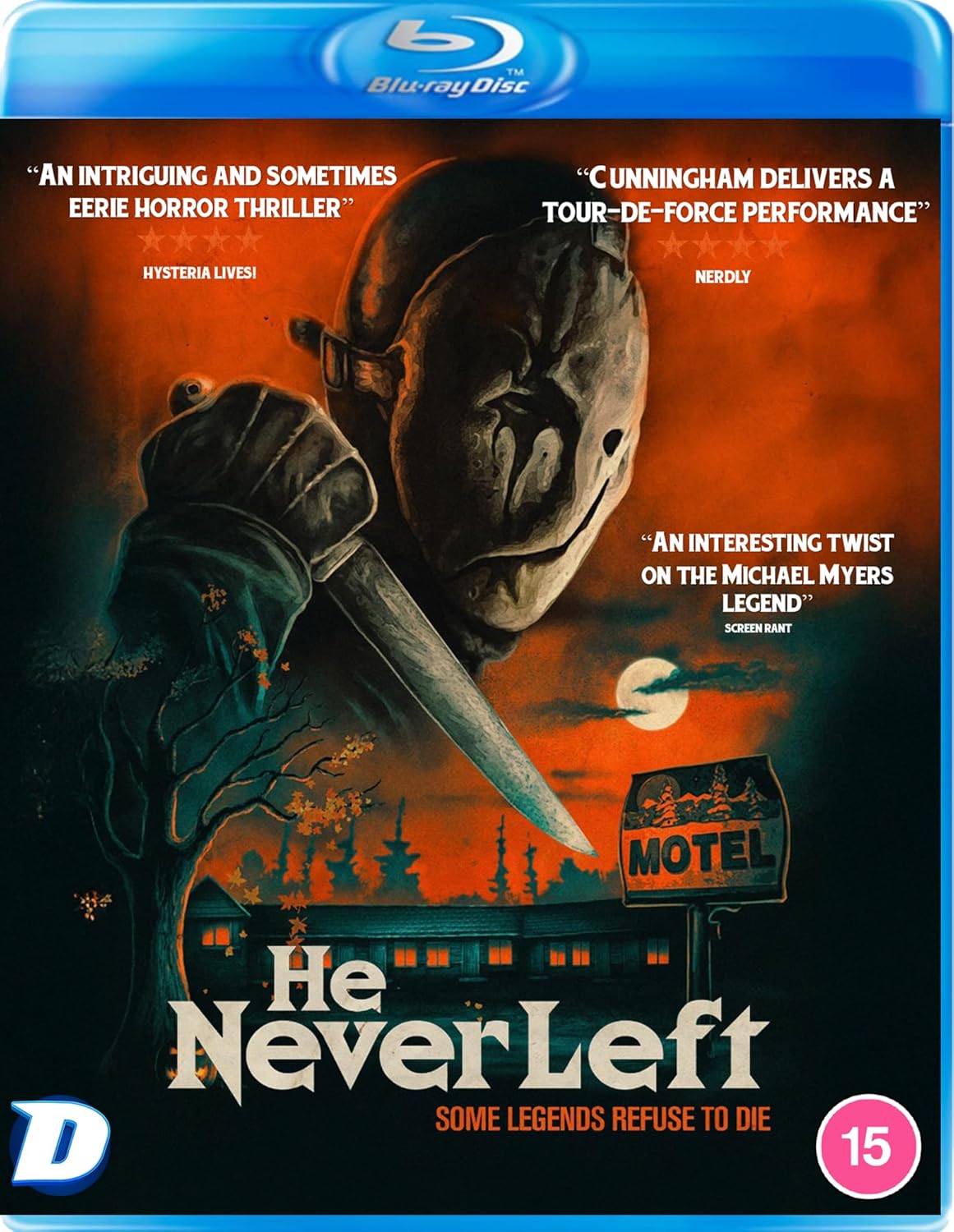 Blu-ray case for He Never Left featuring a dark, moody portrait of a man.
