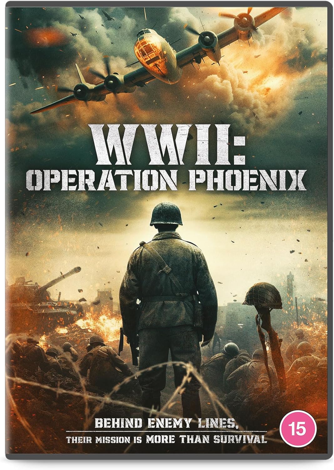 WWII movie poster: soldier views battlefield with planes and tanks.
