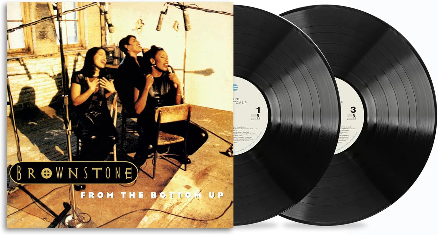 Brownstone album cover featuring three women singing, alongside two black vinyl records.