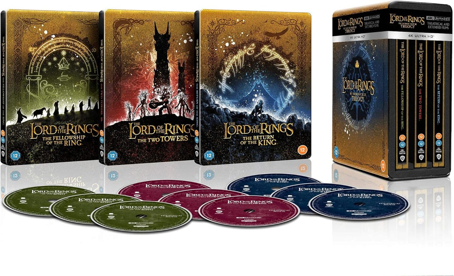 Three Lord of the Rings steelbook cases, a collector's box, and nine movie discs.