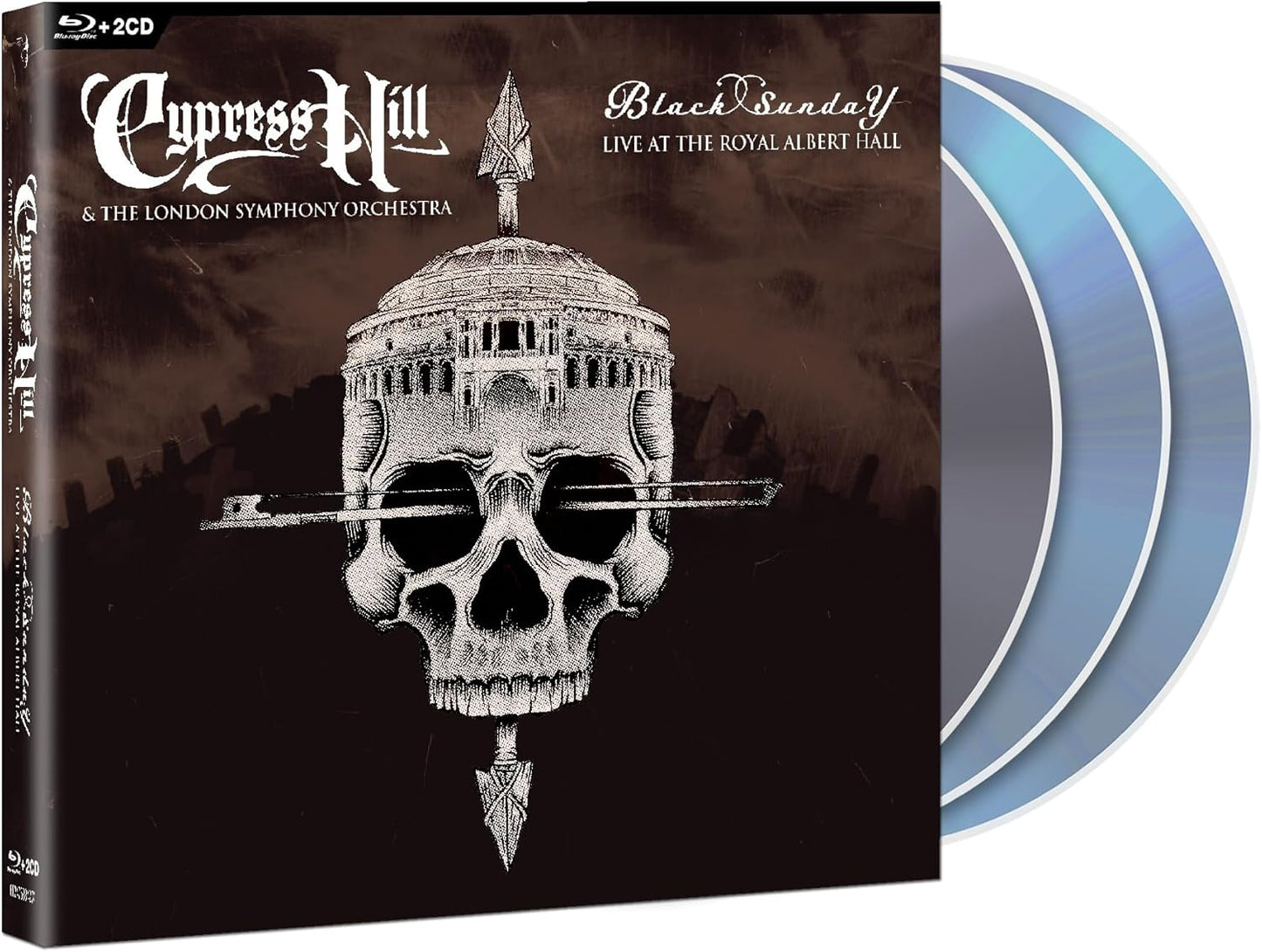 Cypress Hill “Black Sunday” Blu-ray cover with skull and orchestral imagery.