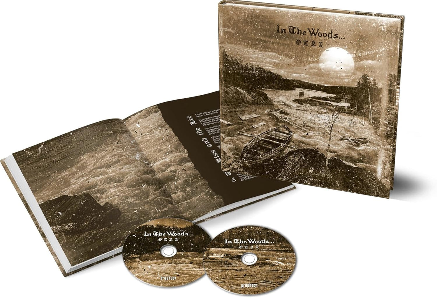 CD packaging for “In The Woods - Otra” with sepia-toned forest imagery.