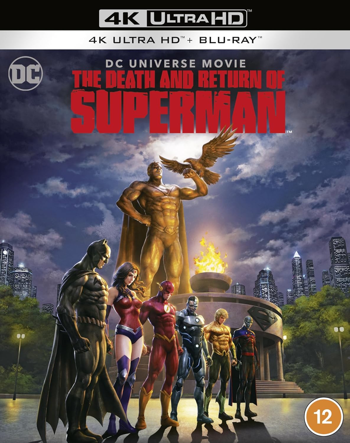 āThe Death and Return of Supermanā Blu-ray cover with heroes and cityscape.