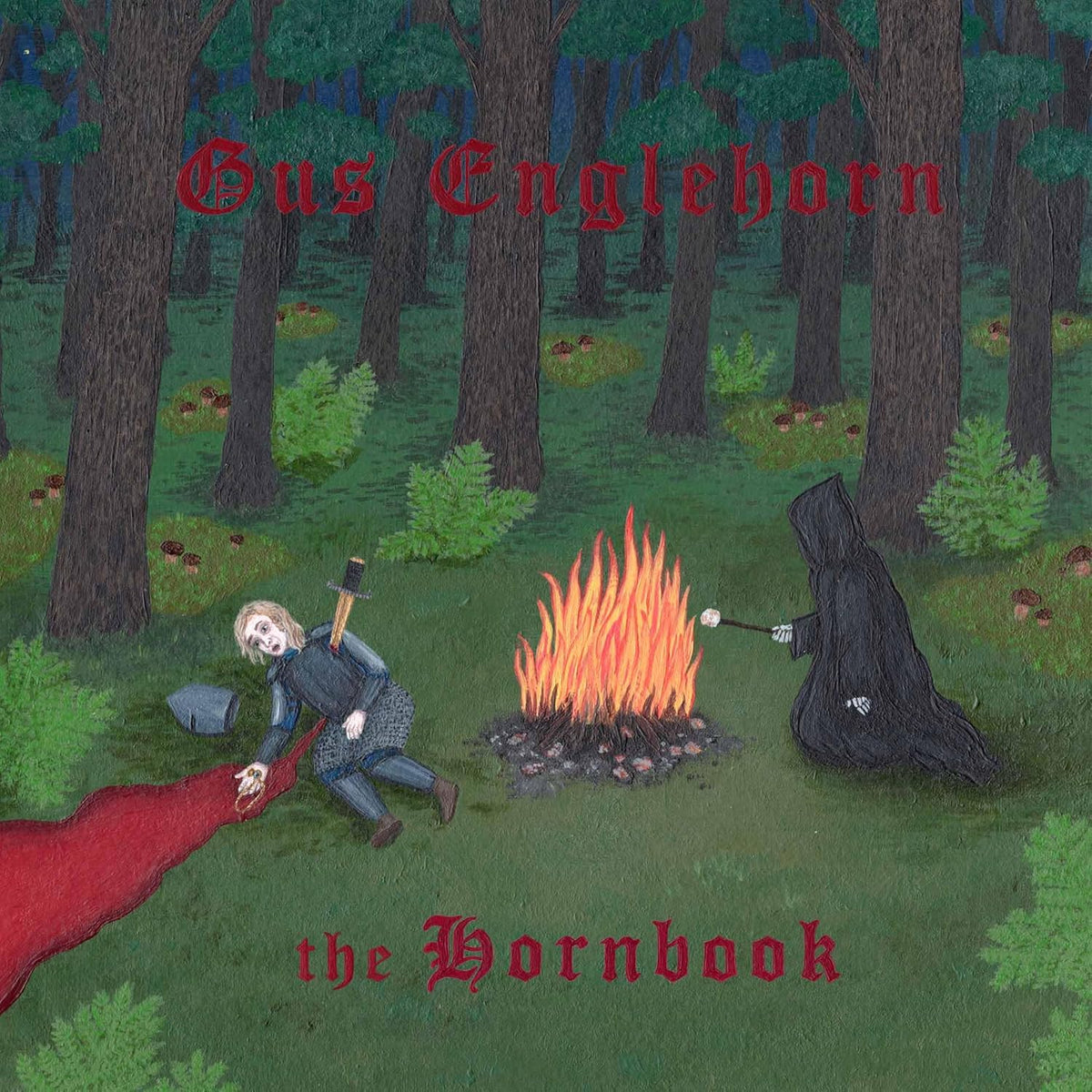 Album cover depicting a forest scene with figures, a fire, and text.