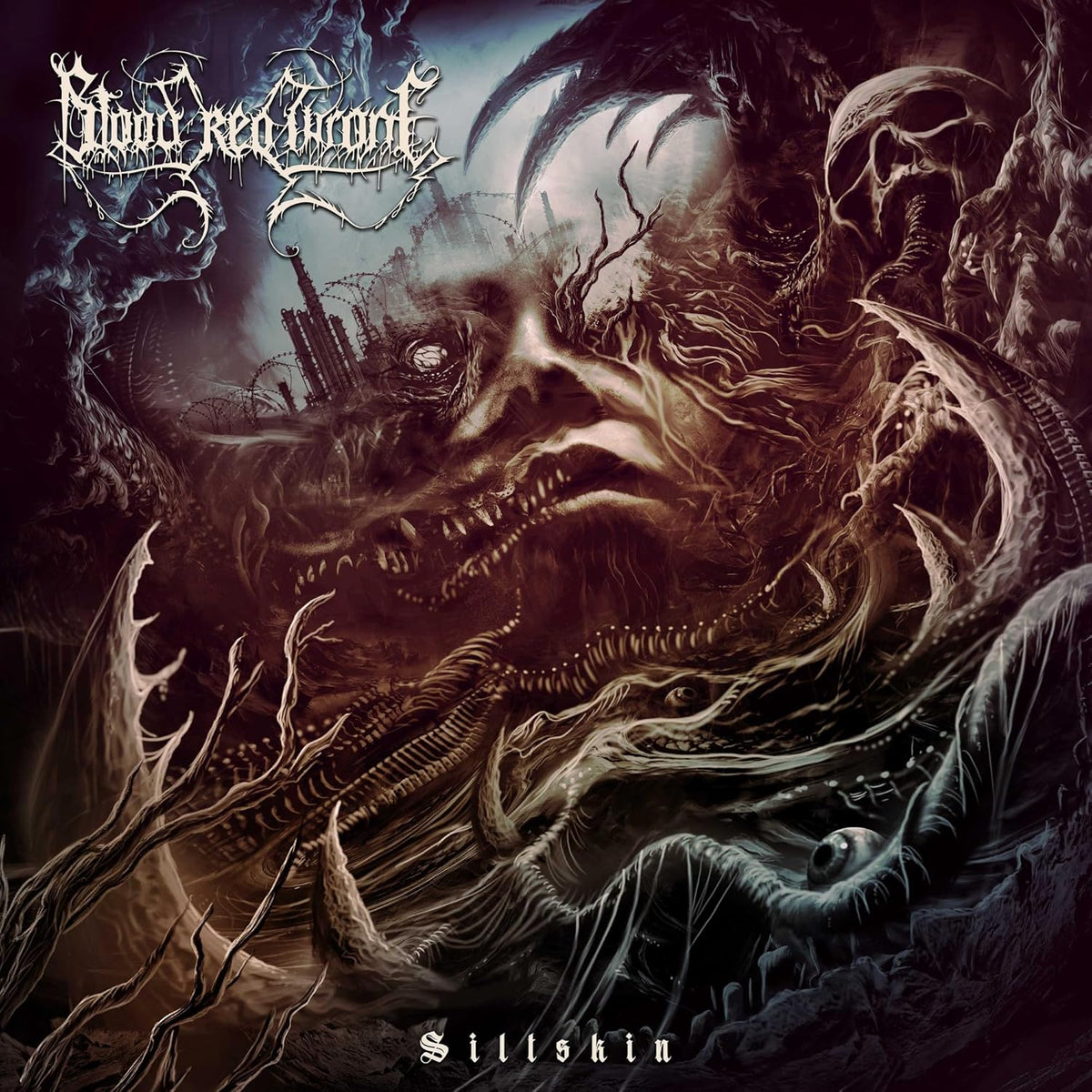 Dark album cover for Blood Red Throne’s “Siltskin” featuring monstrous, distorted face.