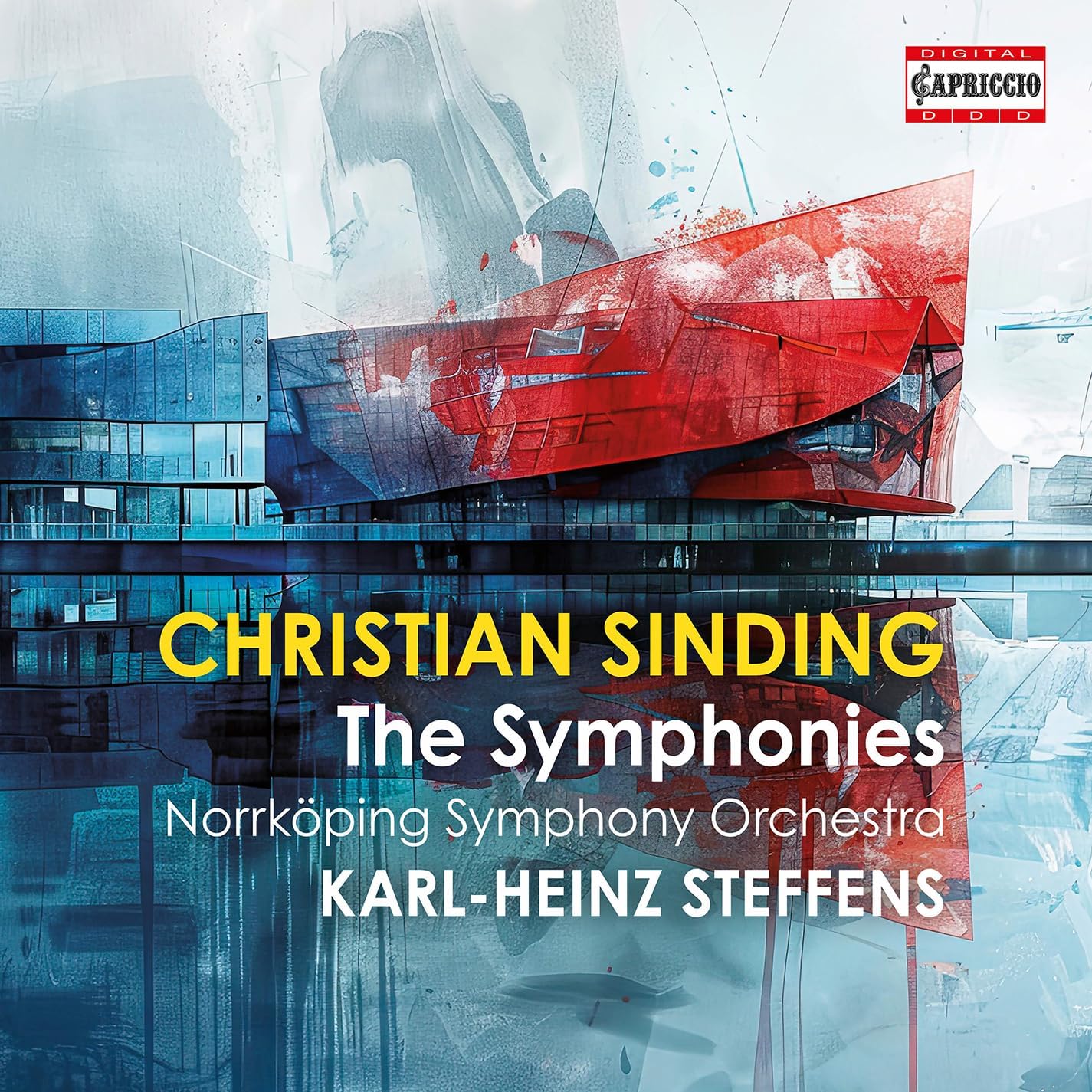 CD cover for Christian Sinding’s symphonies with abstract red and blue art.