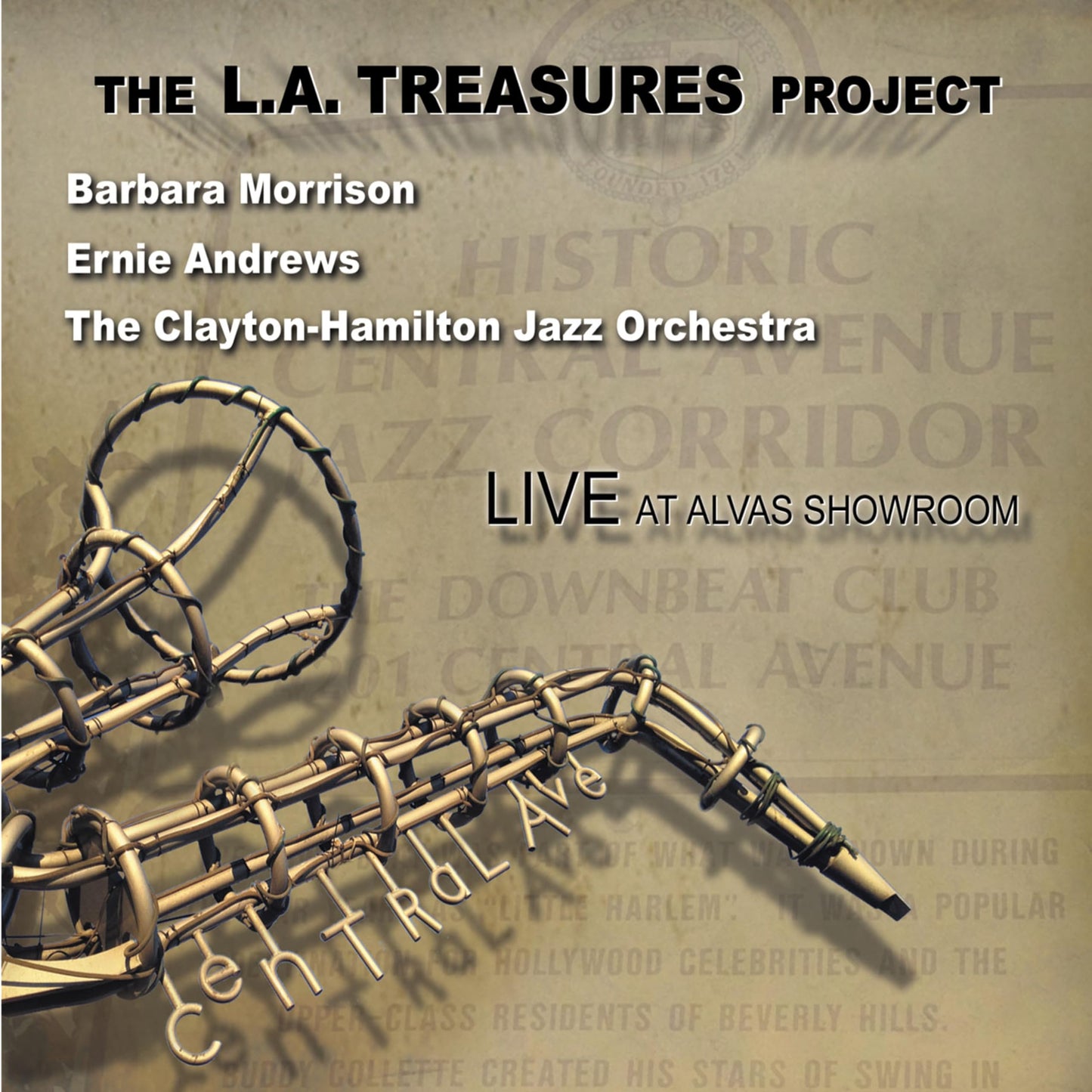 CD cover for Clayton-Hamilton Jazz Orchestra’s “L.A. Treasures Project” with brass instruments.