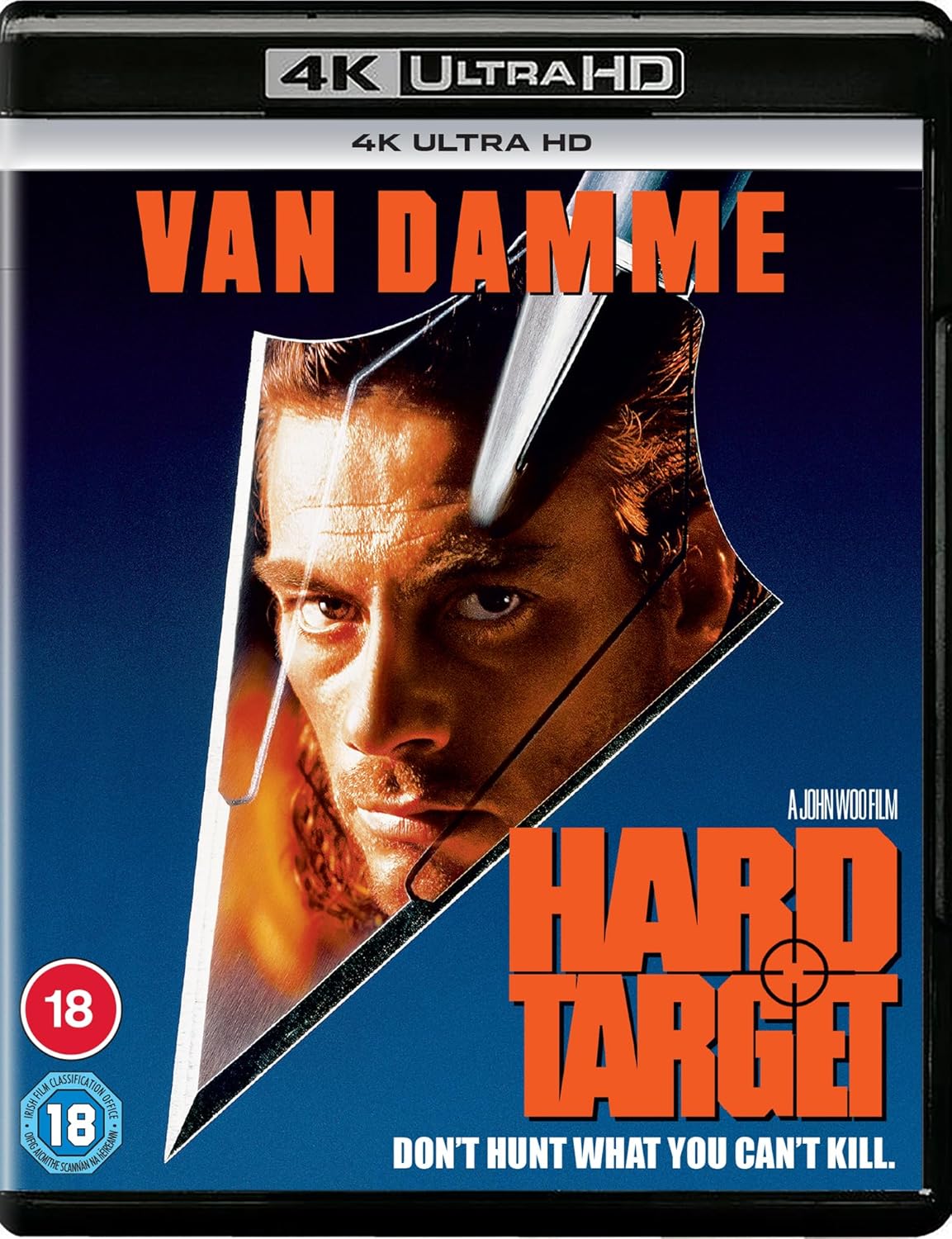 “Hard Target” 4K Blu-ray cover featuring Jean-Claude Van Damme with a knife.