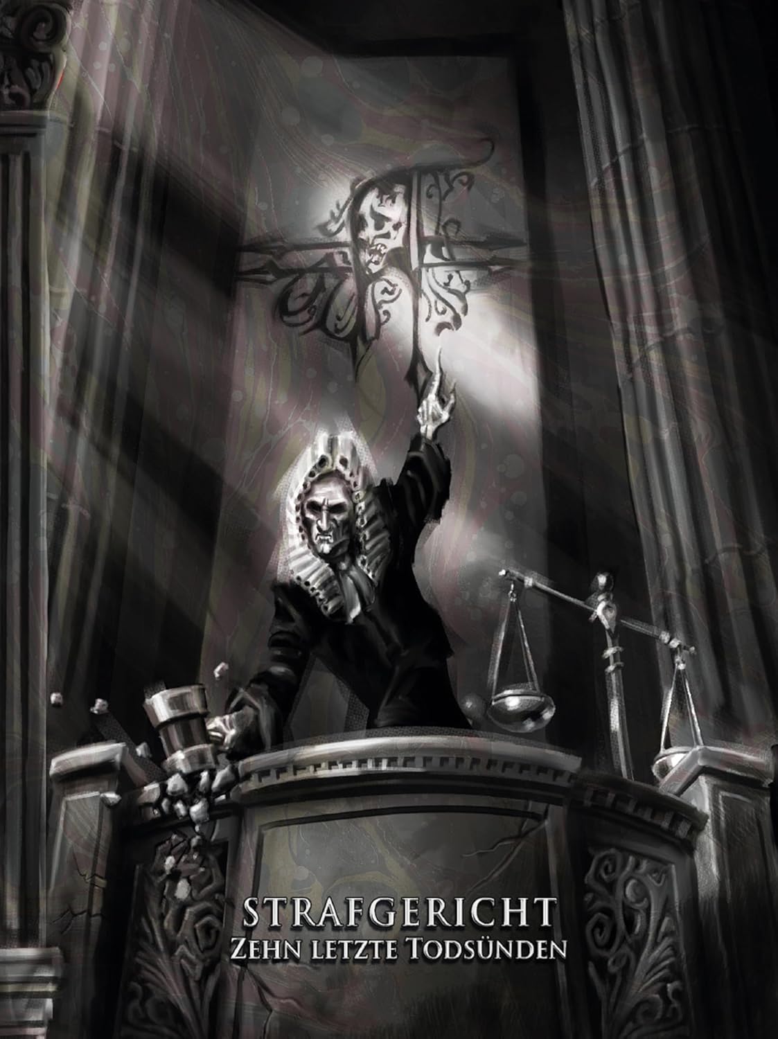Dark illustration of a judge with scales, gothic architecture, and text.