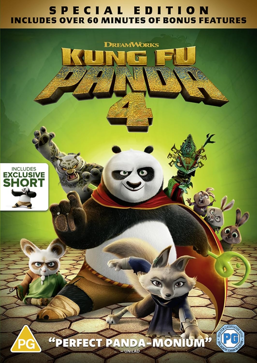 Kung Fu Panda 4 DVD cover featuring Po and other characters on a green background.
