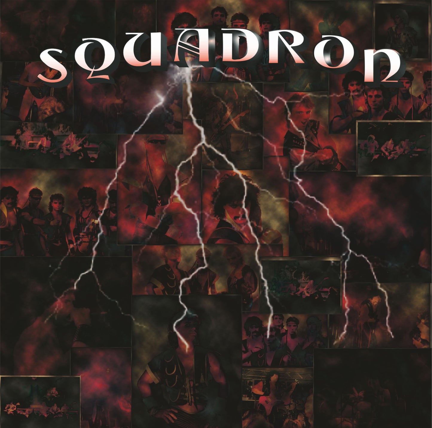 Album cover for Squadron, featuring band members and lightning bolts.