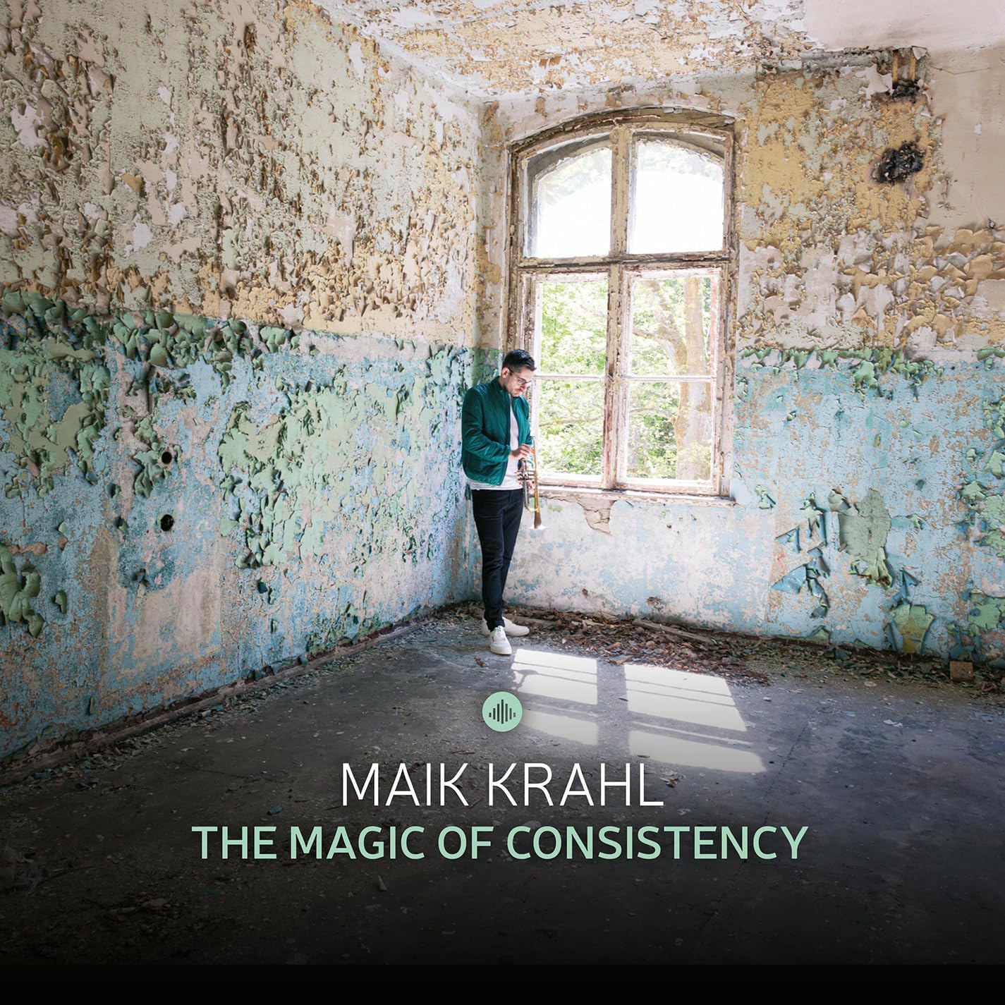 Man playing saxophone in a dilapidated, blue room with a window.