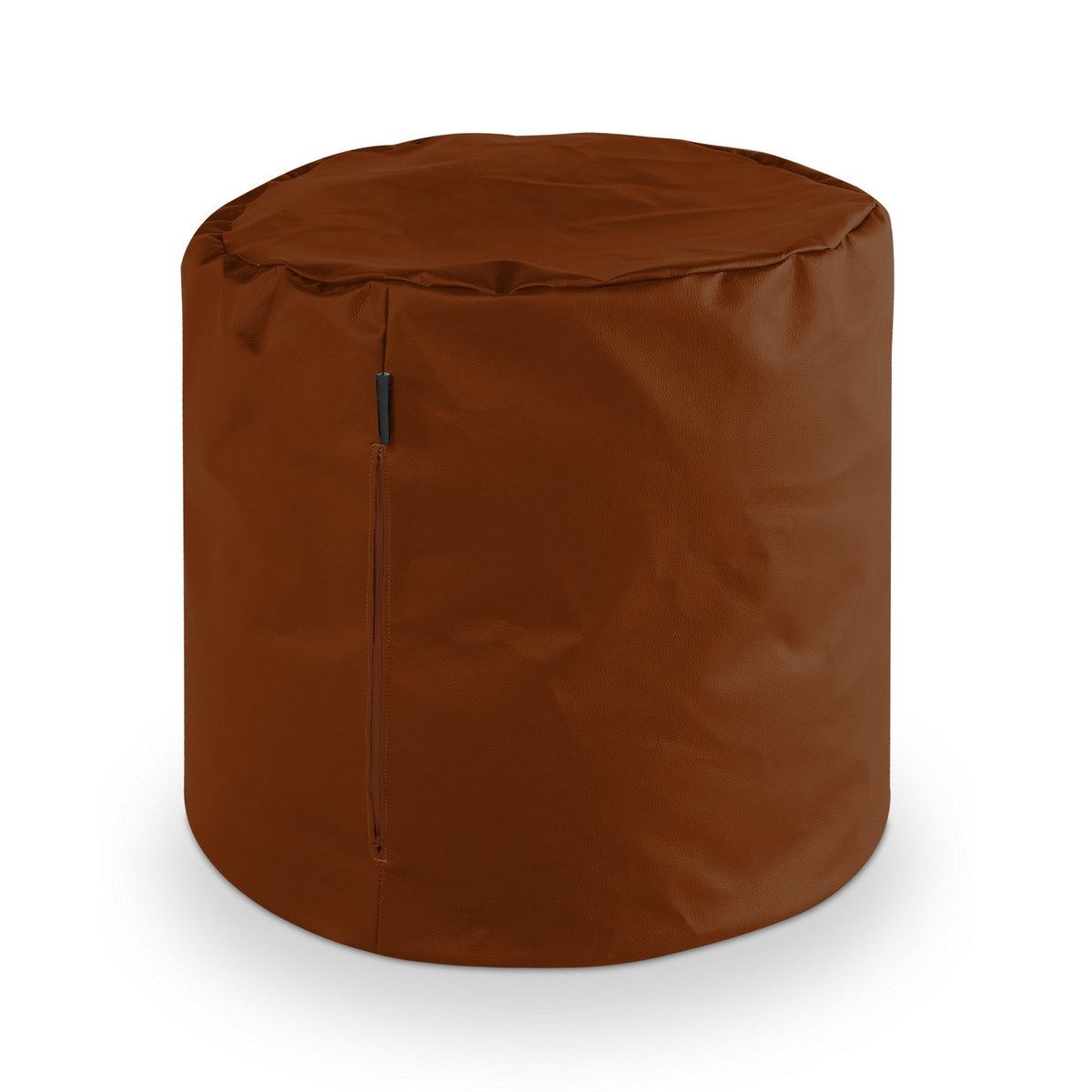 Brown cylindrical leather pouf with a visible zipper on the side.