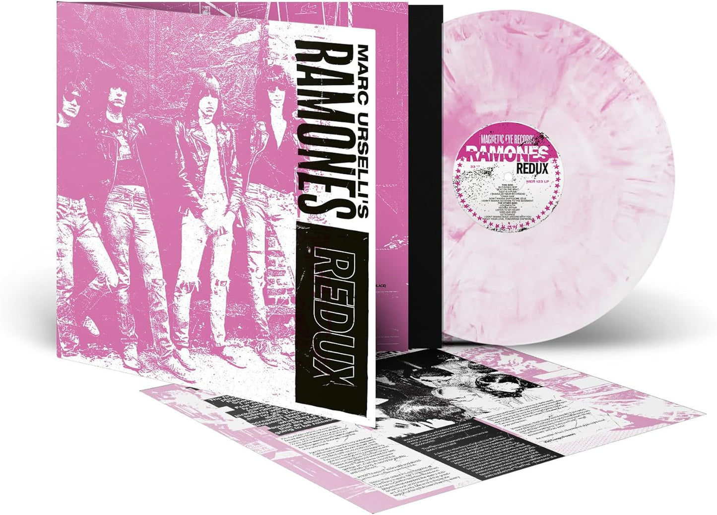 Pink Ramones album cover and vinyl record with band photo.