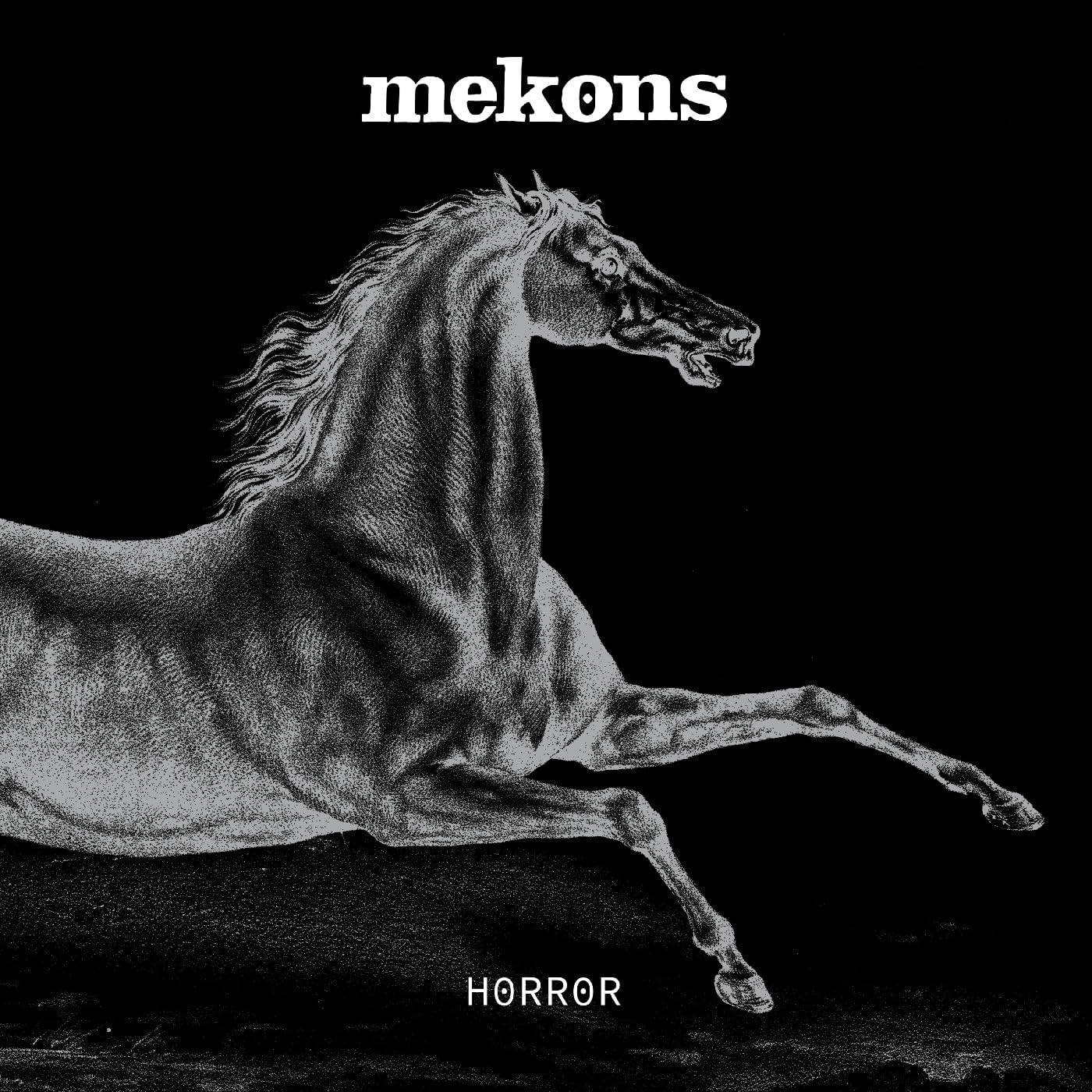 Black and white album cover featuring a rearing, detailed horse illustration.