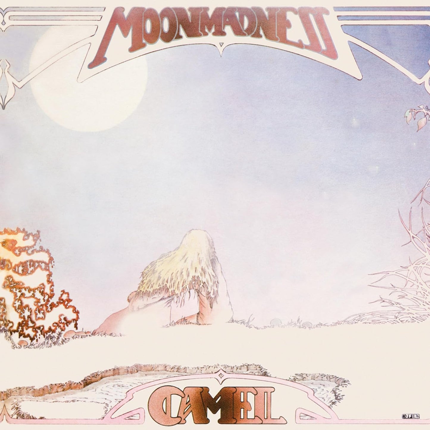 Album cover art featuring a person sitting beneath a large moon with stylized text.