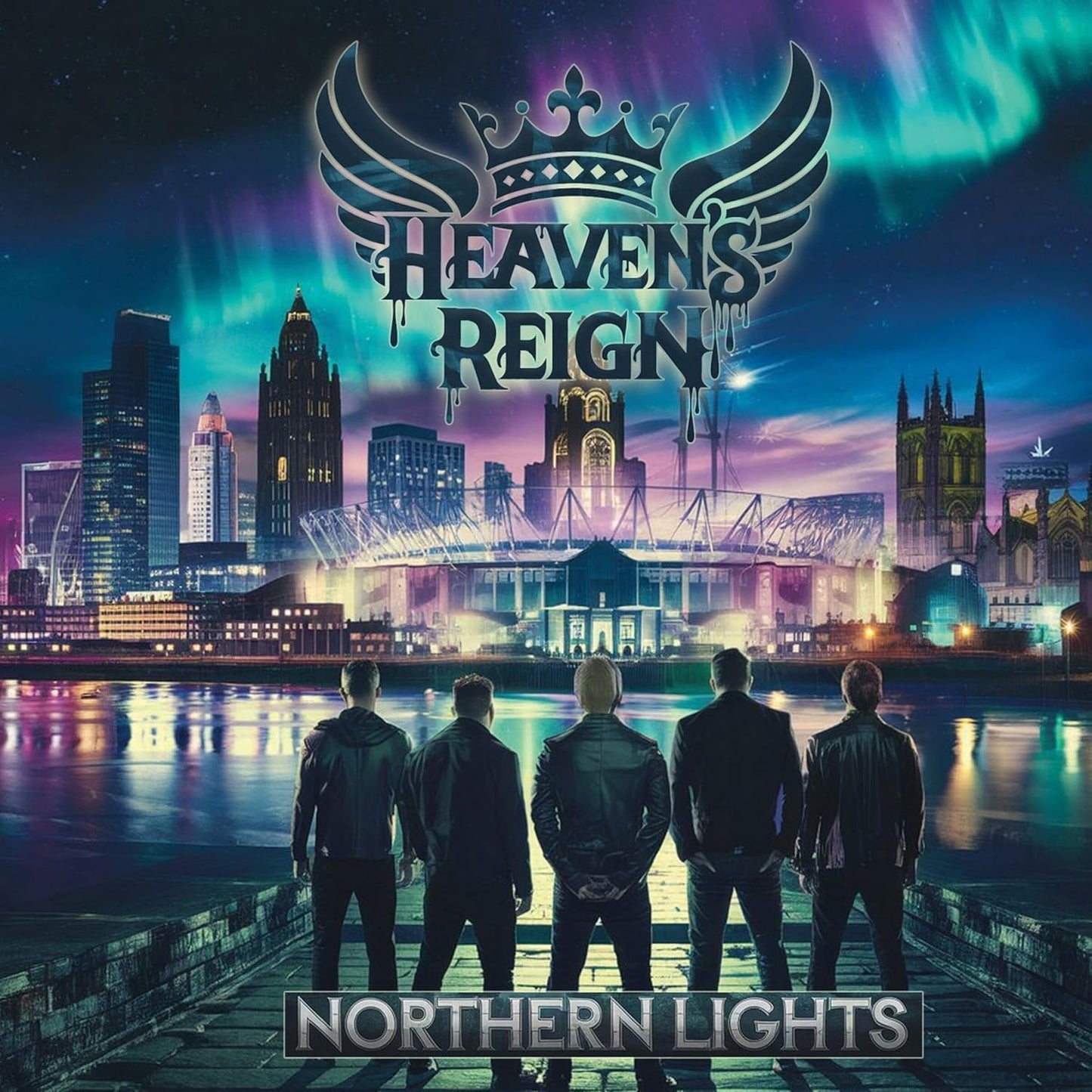 CD cover: band facing a city skyline under a colorful aurora.