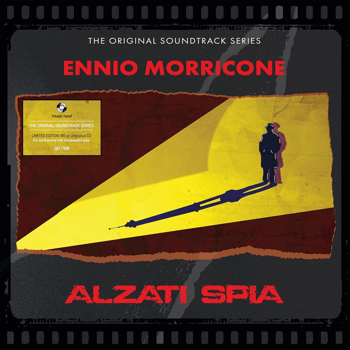 Album cover for Ennio Morricone’s “Alzati Spia” soundtrack, featuring a silhouetted figure.
